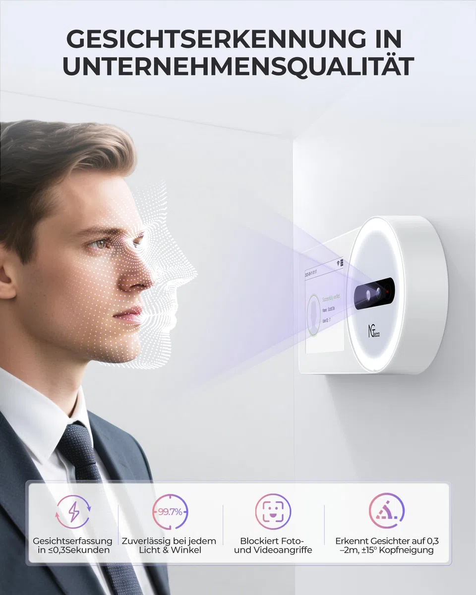 NGTeco Zeiterfassungsuhr TC5 mit Gesichtserkennung, Cloud-basiert für kleine Unternehmen, App-Steuerung (iOS/Android), Keine monatlichen Gebühren