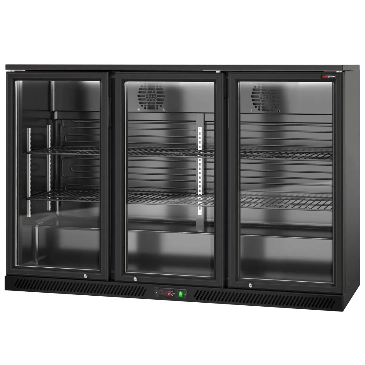 GGM Gastro | BKTG320S | Barkühlschrank - 1330mm - 320 Liter - mit 3 Glasflügeltüren - Außen & Innen Schwarz