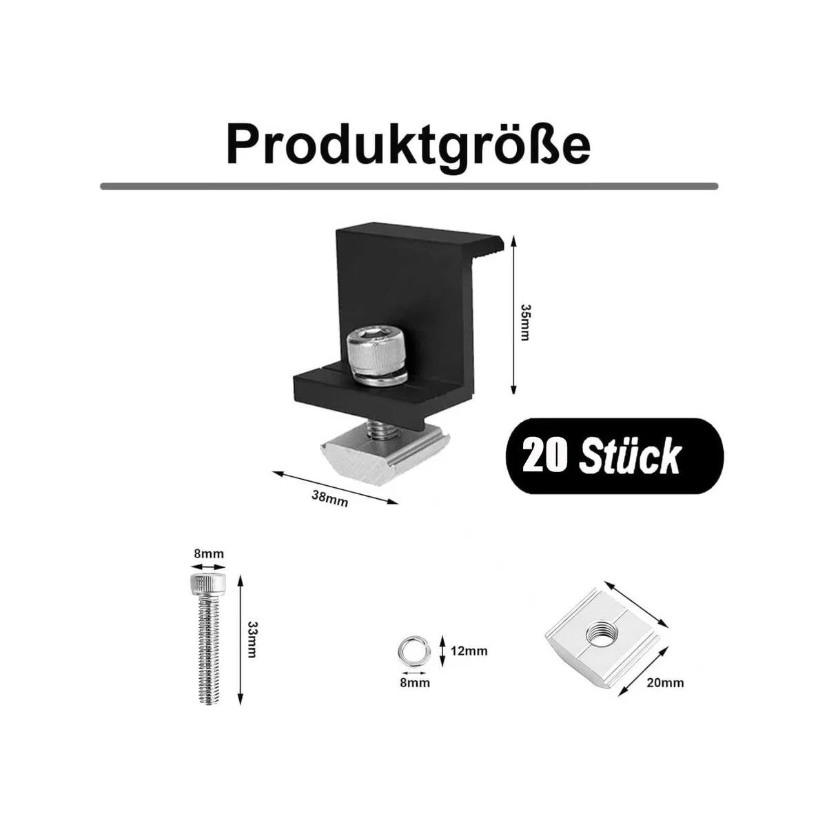 20 Stück Solarpanel Halterung Endklemmen, 35mm Aluminium PV Modul Klemmen Kit, Z-Halterung für Solarpanel Befestigung, Solarhalterungen Solarmodulhalter für Wohnmobil Flachdach Boot