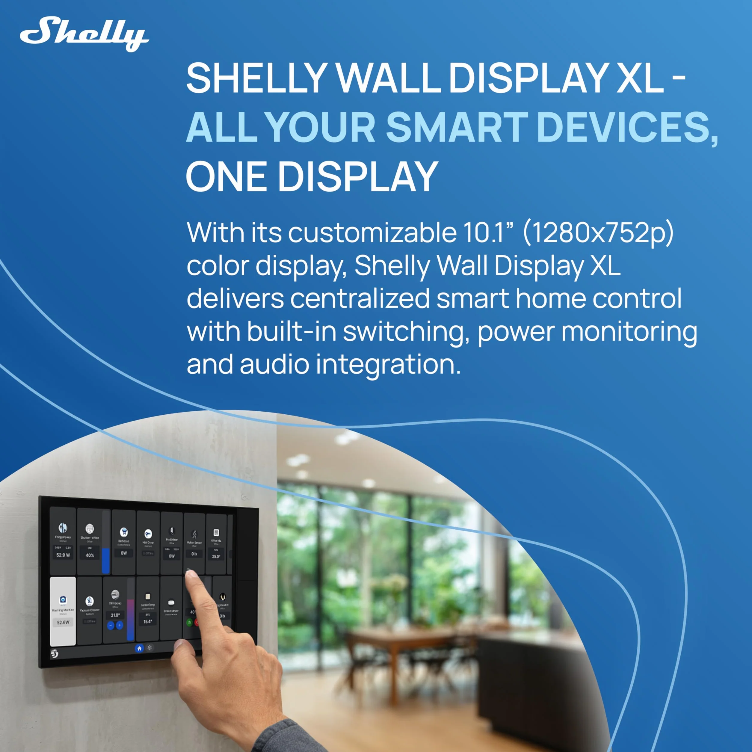 Shelly Wall Display XL Schwarz - 10.1" WLAN-Smart-Home-Bedienfeld, Vier Tasten, Integriertes 5A-Relais, Neutralleiter Erforderlich, LUX-Sensor, Stereo-Lautsprecher, Steuerzentrale, Home Assistant