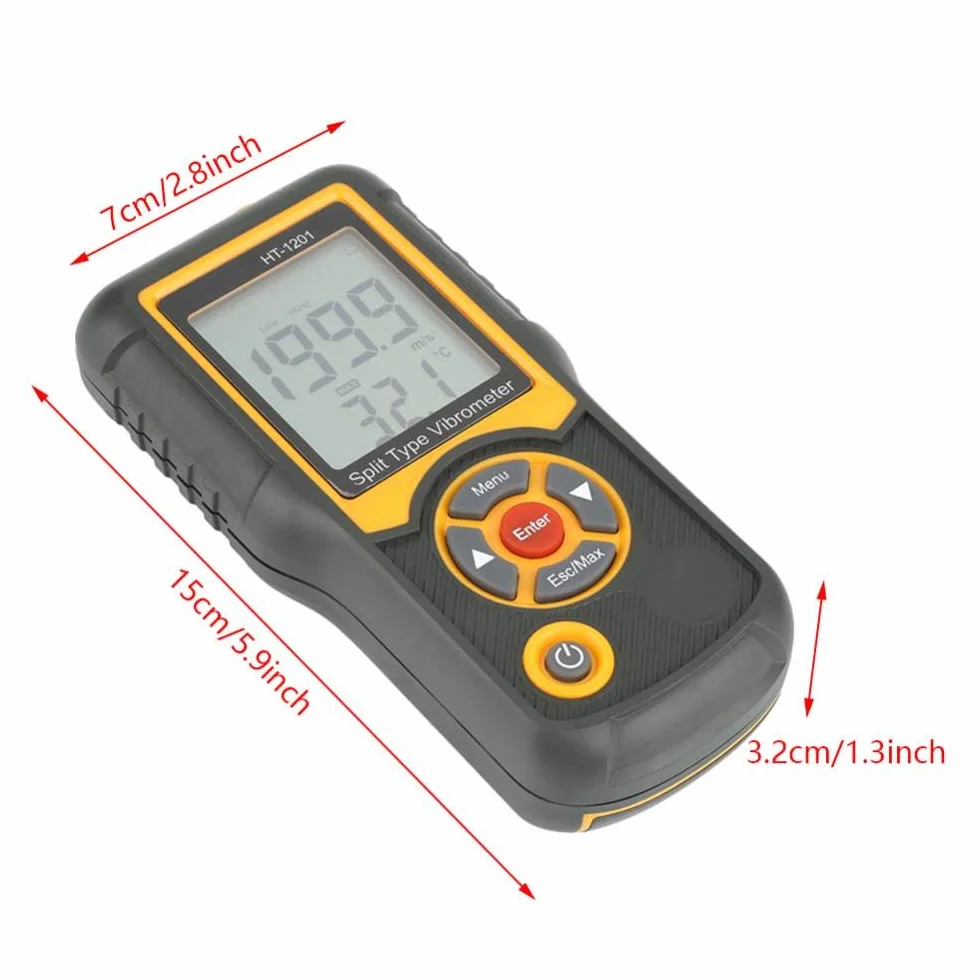 Schwingungsmessgerät,HT-1201 Vibration Meter Digitaler Präzisions-Split-Typ-Vibrationsmessgerät Analyzer Digital Split Vibrometer Tester für Beschleunigungssensoren usw,0,1~199,9 m / s2 Spitze
