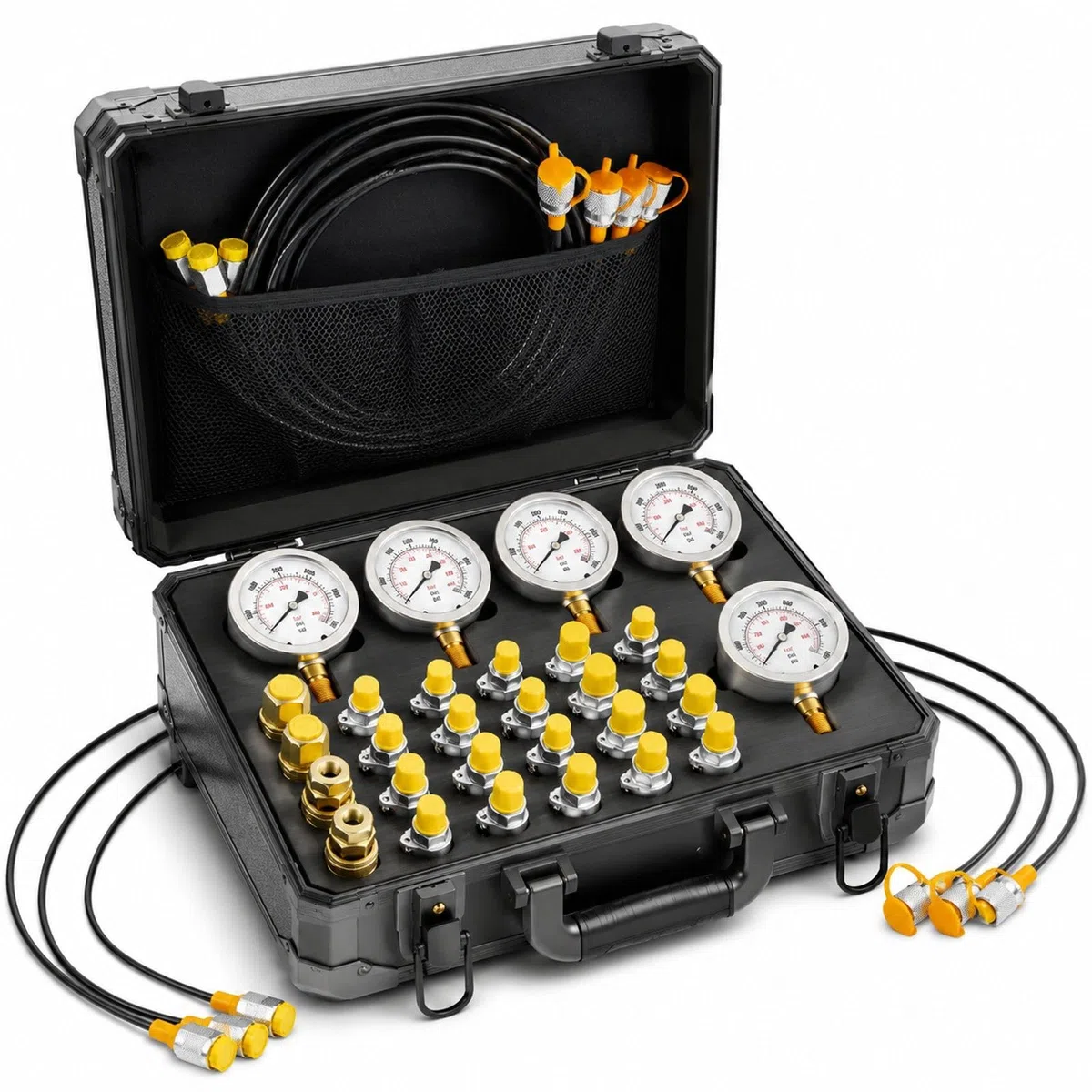 Hydraulik Druckpruefset mit 5 digitalen Manometern, 20 Anschluessen, 4 Schnellkupplungen und 3 Schlaeuchen fuer Bagger und Baumaschinen