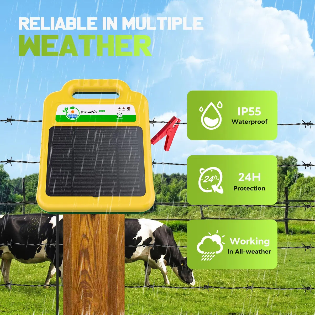 16KM Solar Weidezaungerät 0.2J 8KV Elektrozaungerät mit 10400mAh Lithium-Akku und 4.3W Solarpanel für Rinder, Pferde, Schafe, Schweine, Geflügel und Hof-Tiere