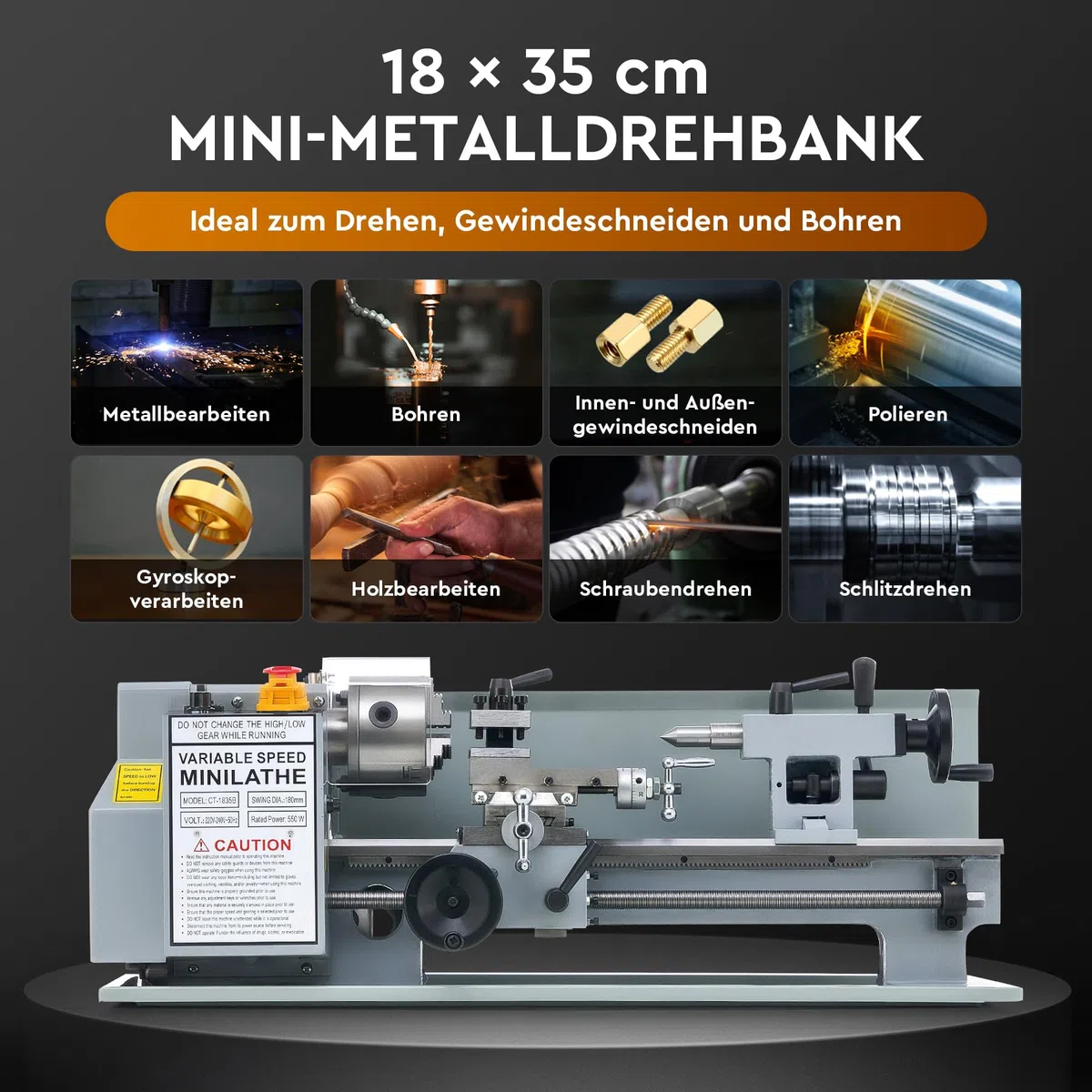 CREWORKS Metalldrehmaschine 18x35cm Tisch-Metalldrehmaschine 3-Backenfutter, 2250 U/min 550 W Metallbearbeitungsmaschine mit stufenloser Einstellung, Metalldrehmaschine zum Gewindedrehen