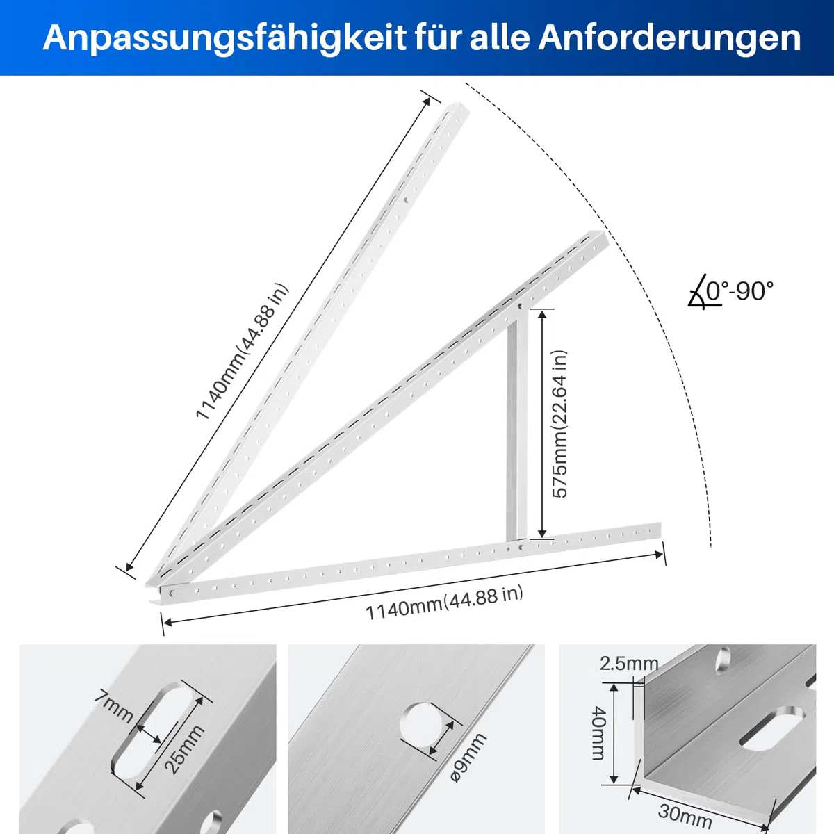 8 Stück Solarpanel Halterung 114cm 45in für 4 100W-600W Solarmodul, 0-90° Verstellbar PV Aufständerung Balkonkraftwerk Halterung Solarpanel Flachdach, inkl. Schrauben & Montage Anleitung
