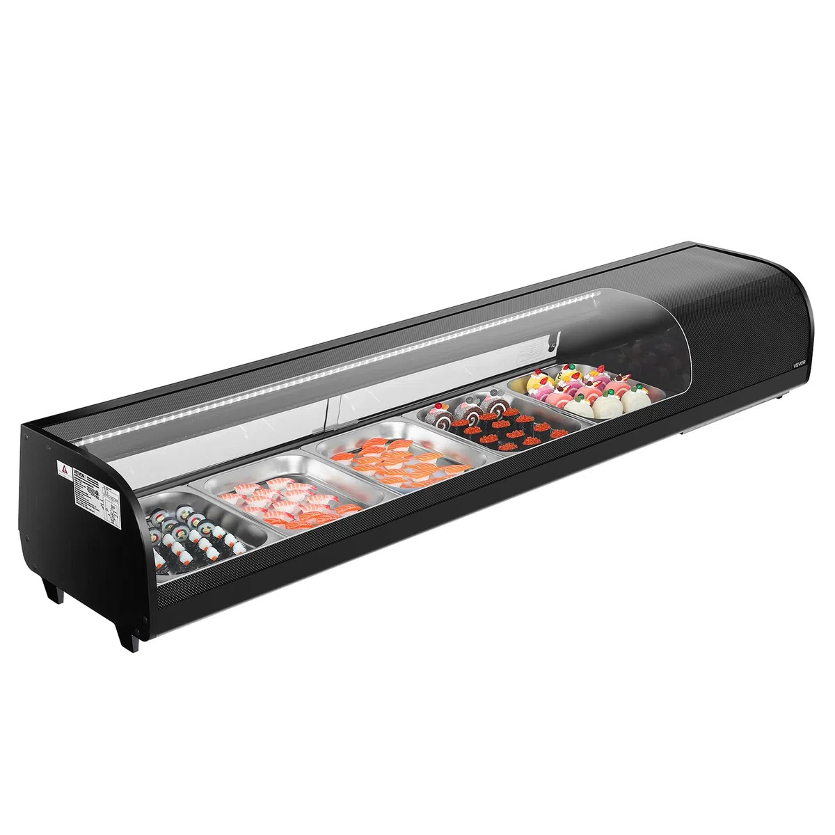 VEVOR Sushi Kühlvitrine 82 L kommerzielle Vitrine Kühlaufsatzvitrine (5 Pfannen) mit gebogenem Glas & LED-Beleuchtung & digitaler Temperaturregelung, Kühlschrank für Theke Restaurant Geschäft