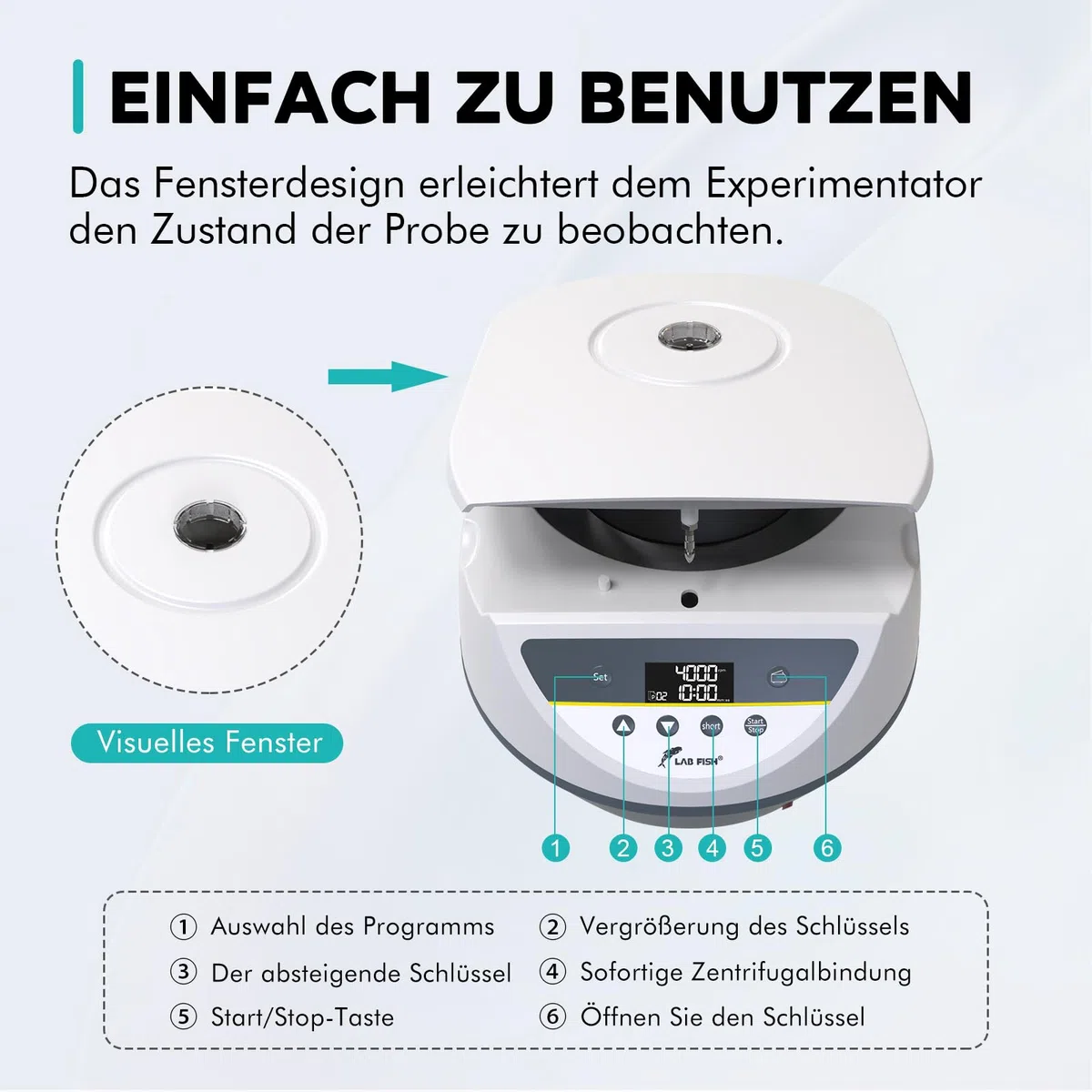 LAB FISH Labor Zentrifuge für 2ml 5ml 10ml 15ml Röhrchen, 500-5000 U/min Niedrigtourig, Max. 3074xg, 8-fach Rotor, Ideal für PRP/PRF