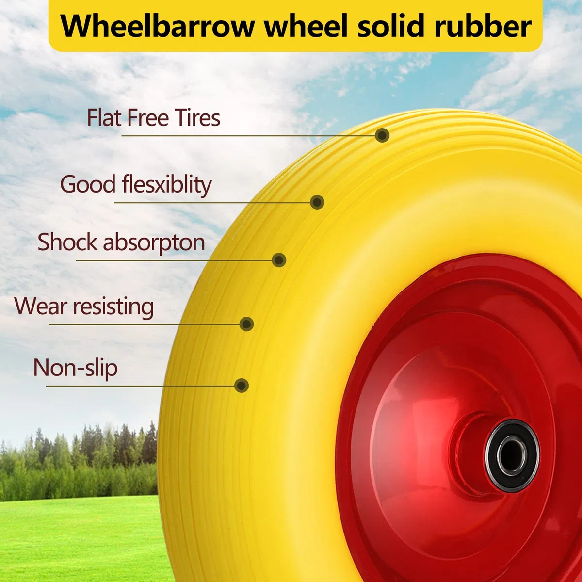 2x Schubkarrenrad Vollgummi mit Achse 4.80 4.00-8 Ø 390mm Gummirad, pannensicher, Stahlfelge PU Reifen gelb, für Gartenkarren