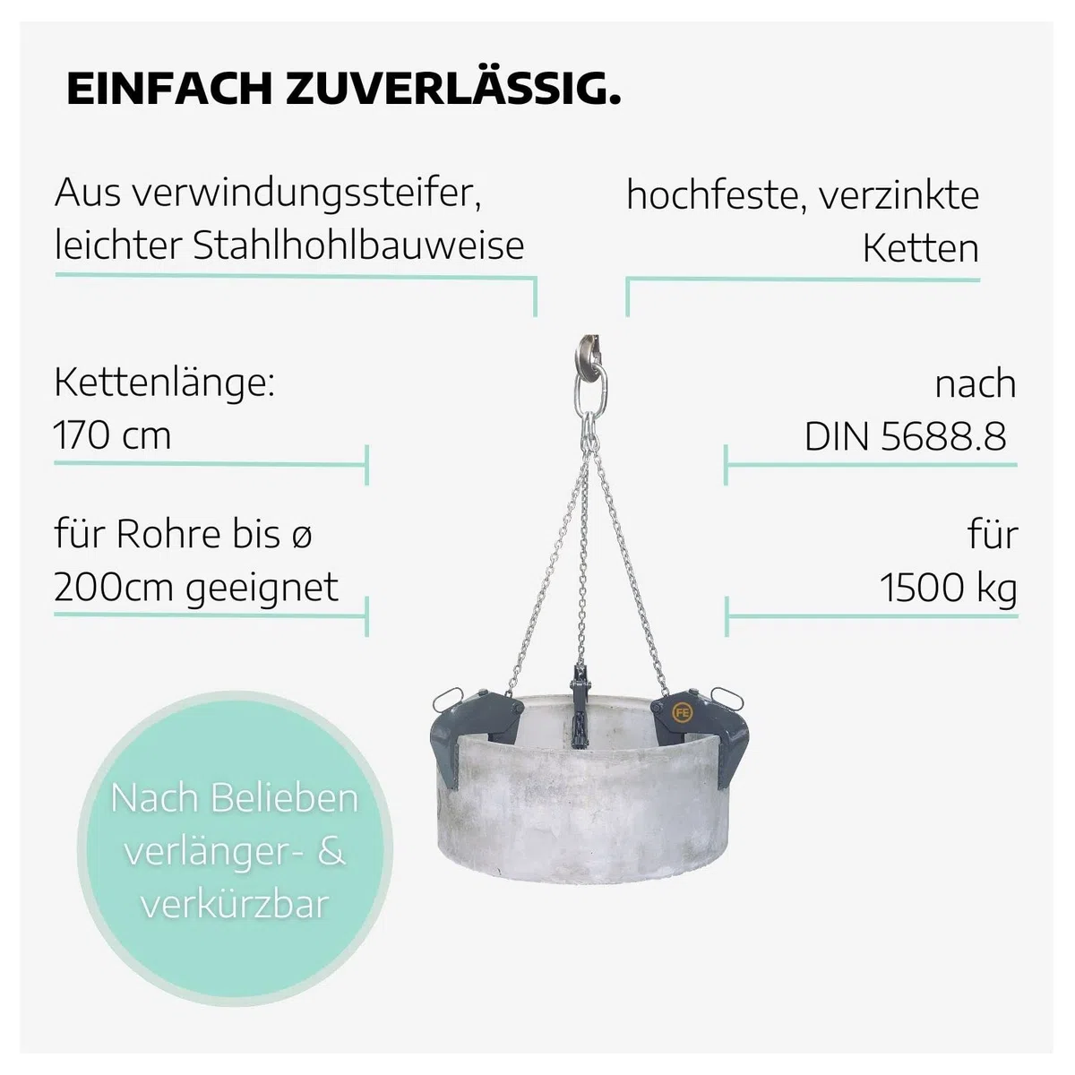 Schachtgehänge aus leichter Stahlhohlbauweise 1500kg I Kettengehänge in 170 cm für Rohre bis 200 cm Durchmesser I Anschlagkette für DIN 4034 Teil 2 I Spannbereich 0-130 mm