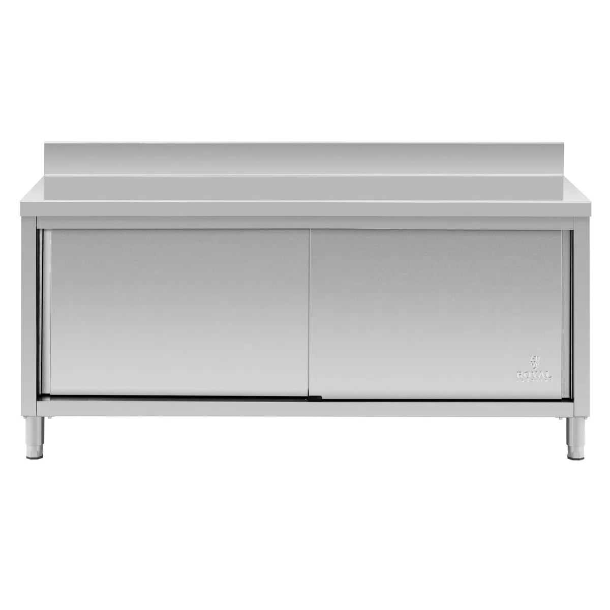 Royal Catering Arbeitstisch Edelstahltisch mit Unterschrank 180 x 60 cm mit Aufkantung bis 500 kg höhenverstellbare Füße Edelstahl-Tisch Arbeitsschrank Edelstahl Gastro-Edelstahlschrank