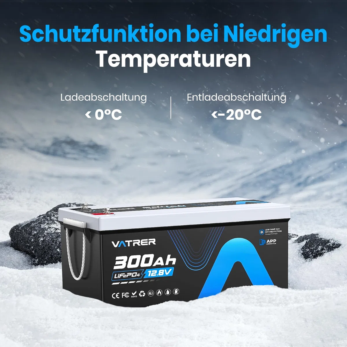 VATRER POWER LiFePO4 12V 300AH Bluetooth Lithium Batterie mit 200A BMS 5000 Zyklen Lithium Akku 3840W Abschaltschutz bei Niedriger Temperatur Perfekter für Wohnmobil, Solar & Off-Grid-Anwendungen