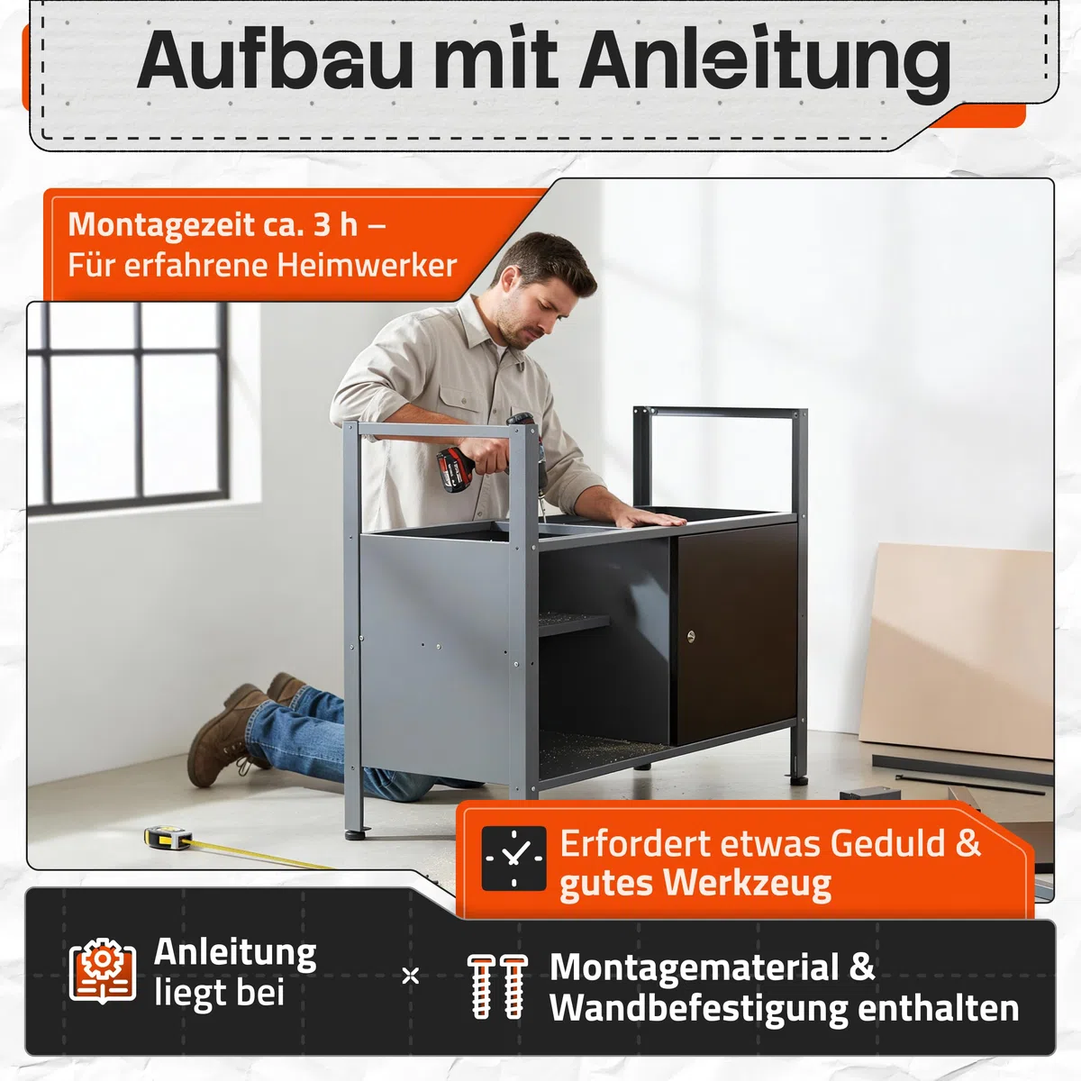 Ondis24 Werkstatteinrichtung Werkstatt Set Werkbank Fritz Hängeschrank Werkzeugwand Metall Schwarz Grau (Hängeschrank Kurt, 240 cm) Buchenholzarbeitsplatte