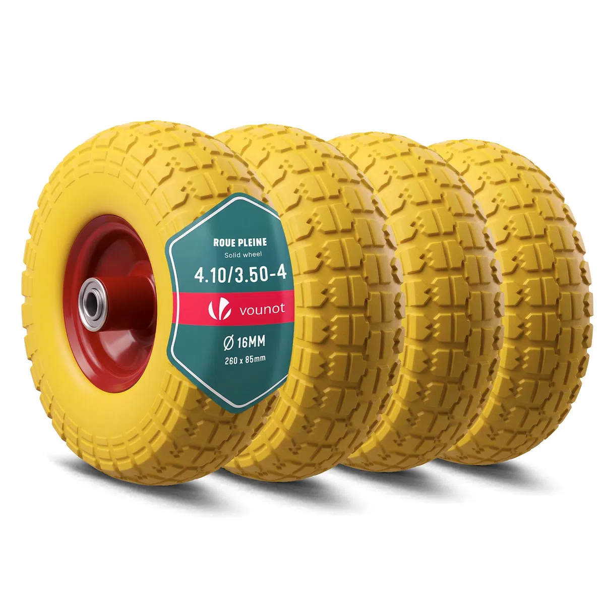 VOUNOT® 4 x Schubkarrenrad PU Vollgummireifen 3.50-4, Pannensichere Ersatzrad 260x85 mm, Kugellager, Innenloch Ø16 mm, für Schubkarre, Sackkarre und Bollerwagen, Gelb