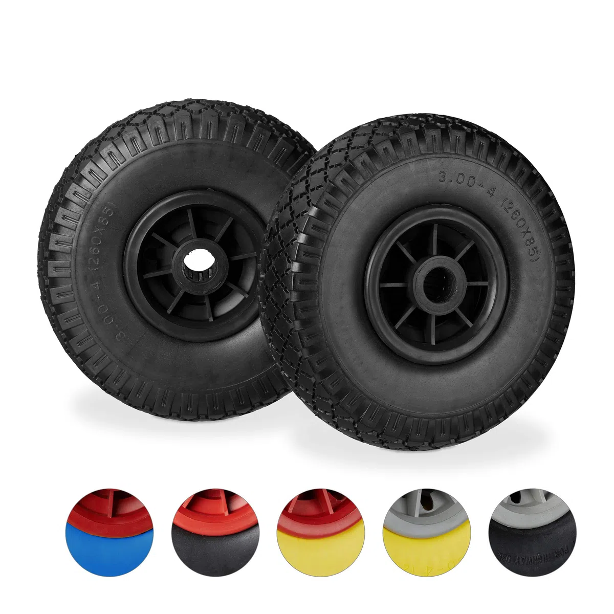 Relaxdays Sackkarrenrad 2er Set, pannensichere 3.00-4" Vollgummireifen, 25mm Achse, bis 80 kg, 260x85mm, versch. Farben | pannensichere 3.00-4" Vollgummireifen, 25mm Achse, bis 80 kg, 260x85 mm