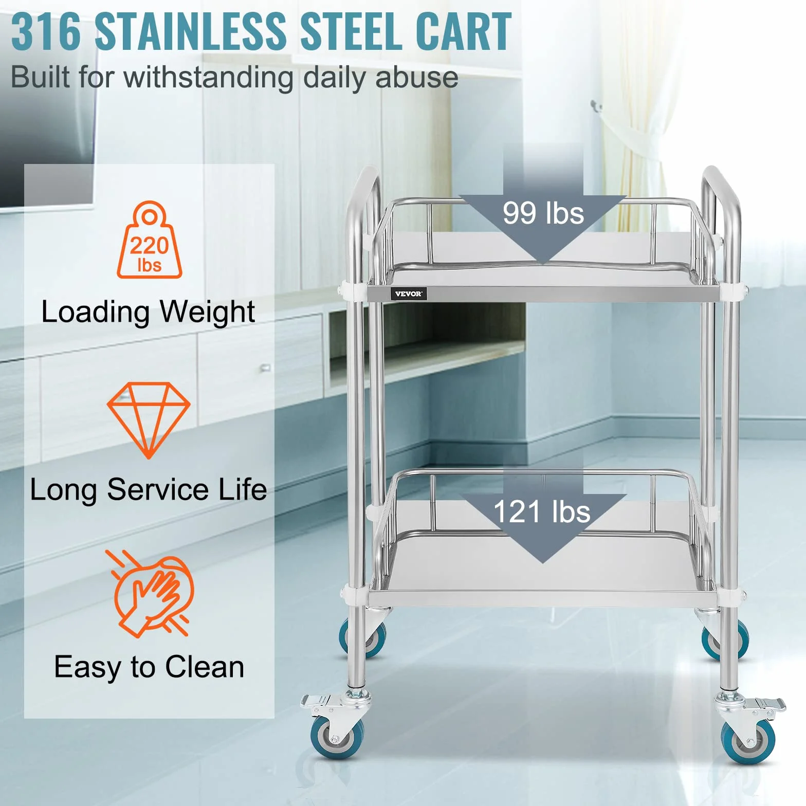 VEVOR Medizinischer Laborwagen, 56,9 x 38,4 x 87,1 cm, Edelstahl, 2 Schichten für Krankenhäuser, Metallwagen mit 4 Rädern, Omnidirektional für Kliniken, Cafés, Hotels