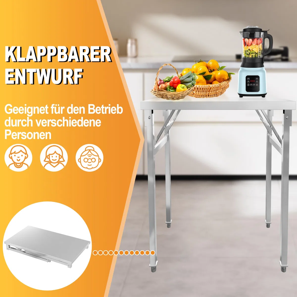 UISEBRT Edelstahl klapptisch mit 300 kg Tragkraft und justierbaren Stellfüßen, Klappbar Arbeitstisch Serviertisch Küchentisch für Gastronomie Küche Bar Restaurant, 120x60x85cm
