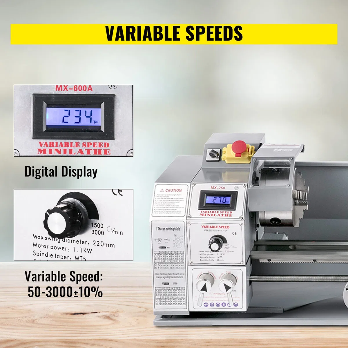 VEVOR Mini Drehbank 220x600mm Drehmaschine Metall 750 W Mini Drechselbank für Metallbearbeitung Drehbank Metall präzise einfach zu bedienen