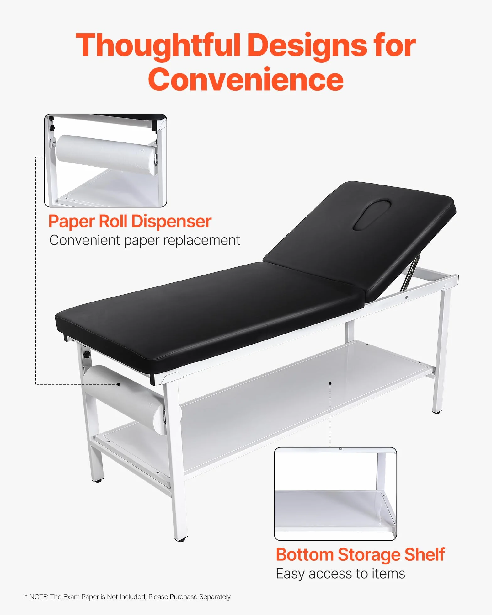 VEVOR Untersuchungsliege, 227 kg, Ruheliege 1855x705x815 mm, Krankenliege mit Verstellbarer Rückenlehne (0°–40°) & Papierrollenhalter, Praxisliege für Krankenhäuser, Kliniken & Reha-Zentren
