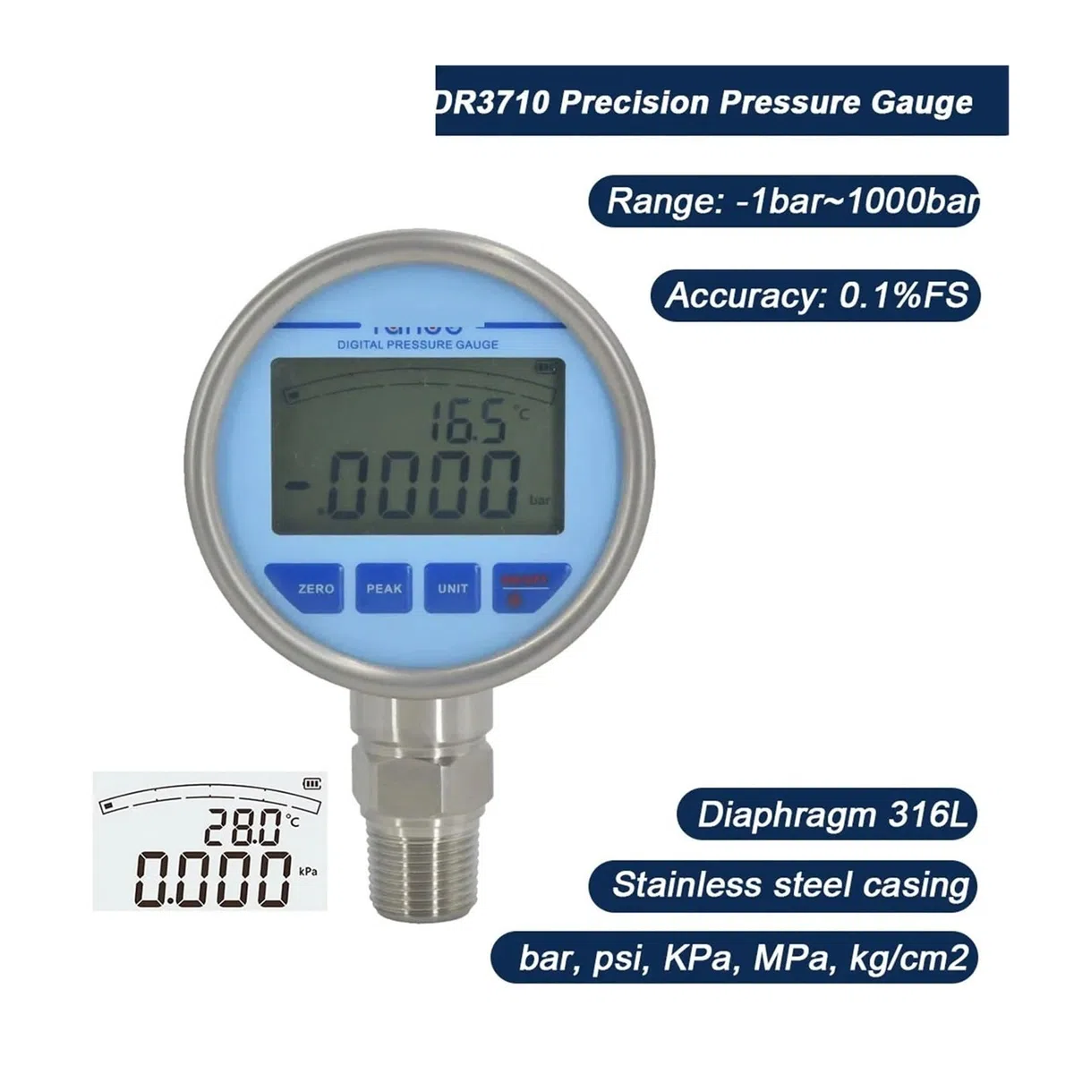Industrielles Präzisions-Manometer, 80 mm, batteriebetriebene Hintergrundbeleuchtung for Öl, Luft, Wasser, digitales Manometer(-100KPa-600KPa)