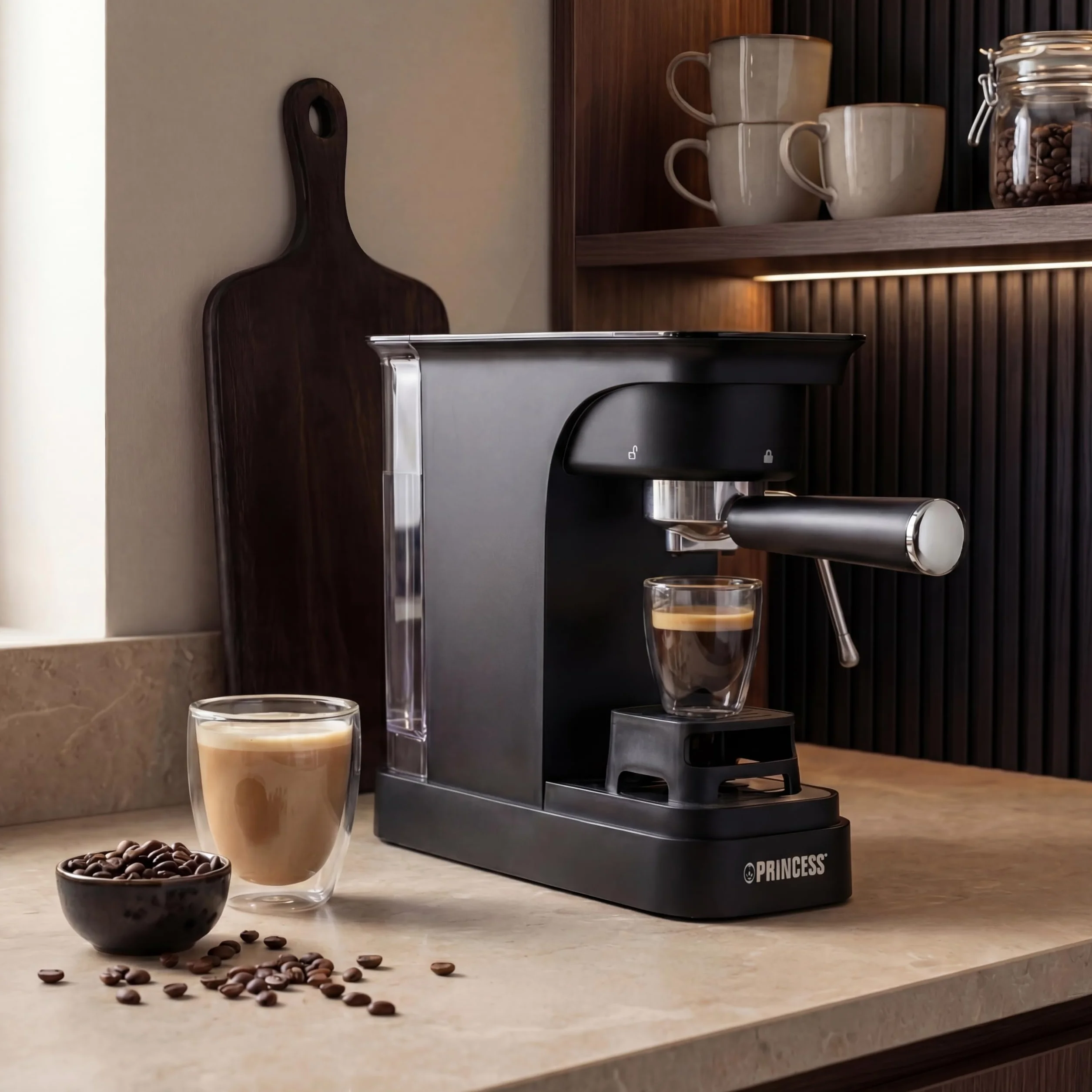 Princess Espressomaschine, 20 Bar Pumpdruck, 0,8 l Wassertank, Für Gemahlenen Kaffee und ESE Pads, Kompaktes Design, Schwarzes Gehäuse, 01.249421.01.001