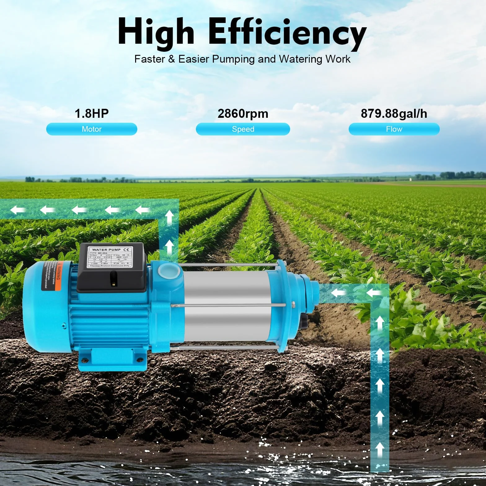 Edelstahl Kreiselpumpe 9.8Bar, Gartenpumpe Selbstansaugend mit Förderhöhe 98m, 4000L/h, 2860U/min, IP44, Wasserpumpe für Bewässerung und Entwässerung