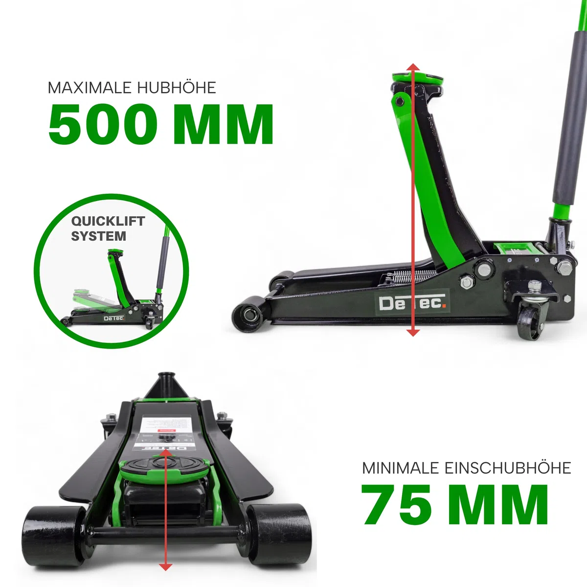DeTec. Rangierwagenheber 3T, Quick Lift, 75-500mm Hub, Doppelkolben