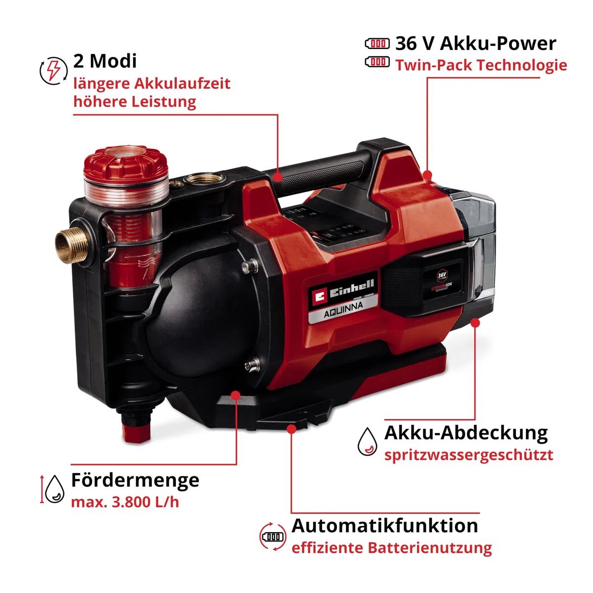 Einhell automatische Akku-Gartenpumpe AQUINNA 36/38 F LED AUTOMATIC Power X-Change (36 V, max. 3800 L/h, max. 37 m Förderhöhe, Automatikfunktion, ECO/Boost, Vorfilter, ohne Akku)
