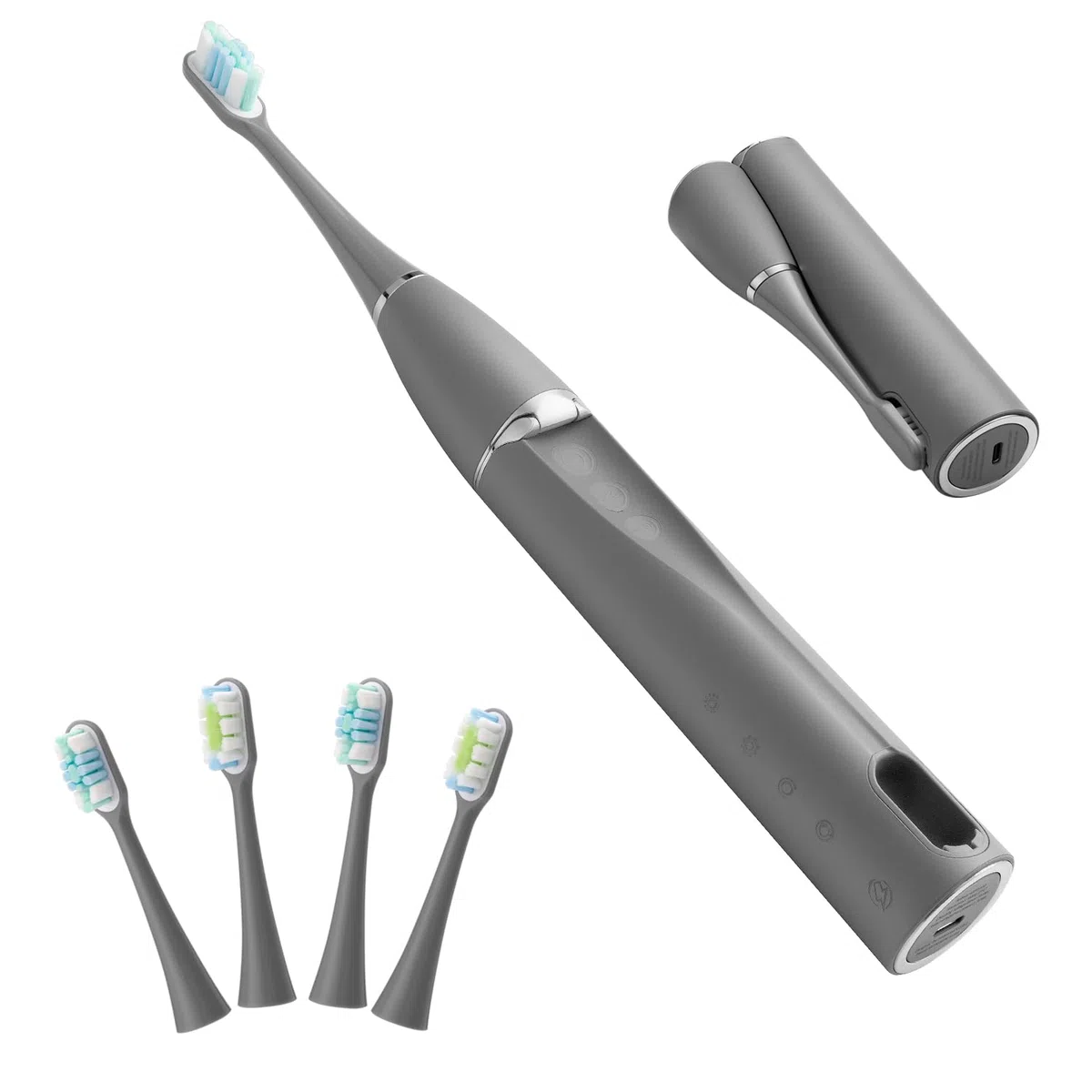 Faltbare elektrische Zahnbürste, grau, Schallzahnbürste, selbstreinigend, Reisezahnbürste, wiederaufladbar, tragbar, 4 Bürstenköpfe.