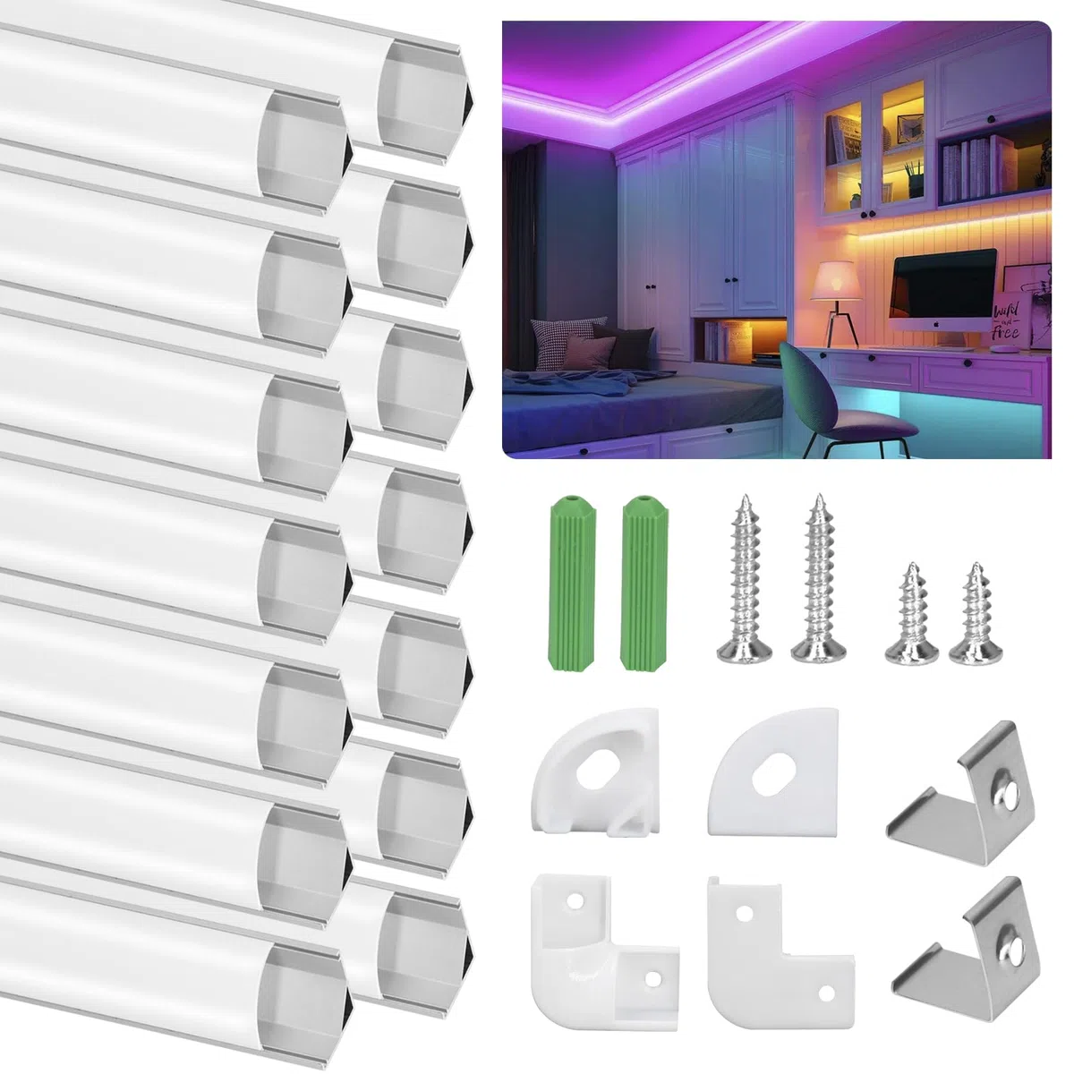 LED Aluminium Profil, LED Profil 14 x 1m, LED-Kanäle V-Form für LED Streifen, LED Leiste Profil und Diffusor für Perfektes Licht, mit Eckverbinder, Endkappen, Schrauben und Montageclips