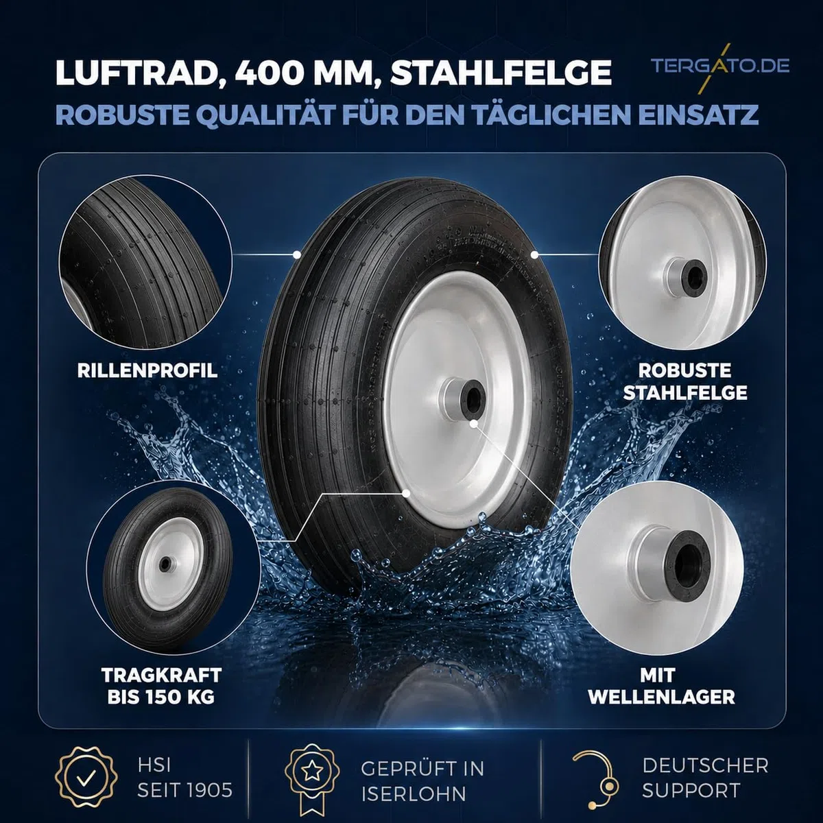 2er Set Luftrad 400 mm mit Stahlfelge von tergato| Schubkarrenräder mit Wellenlager | Ersatzräder Set bis 300 kg