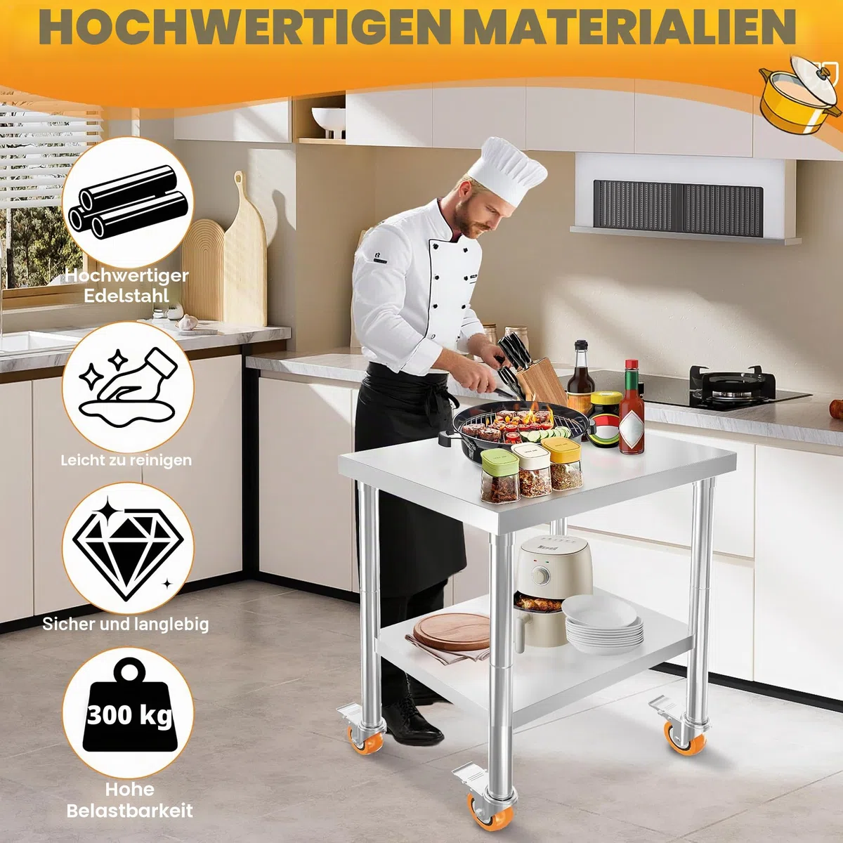 LZQ Edelstahltisch Arbeitstisch 85x76x60 cm mit Rollen, Rolltisch Edelstahl Arbeitsplatte, Servierwagen Edelstahl mit 4 feststellbaren Rädern, Tisch mit Rollen für Küche Bar Restaurantar