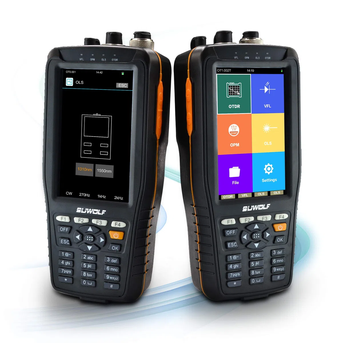 1310/1550nm 22/20dB Handheld 4in1 Mini OTDR +VFL+OPM+OLS 4” Touchscreen 60Km Glasfaser Tester/LWL Tester/Optische Zeitbereichs-Reflektometer mit SC(APC)+FC(APC)+FC zu LC(APC) Adapter