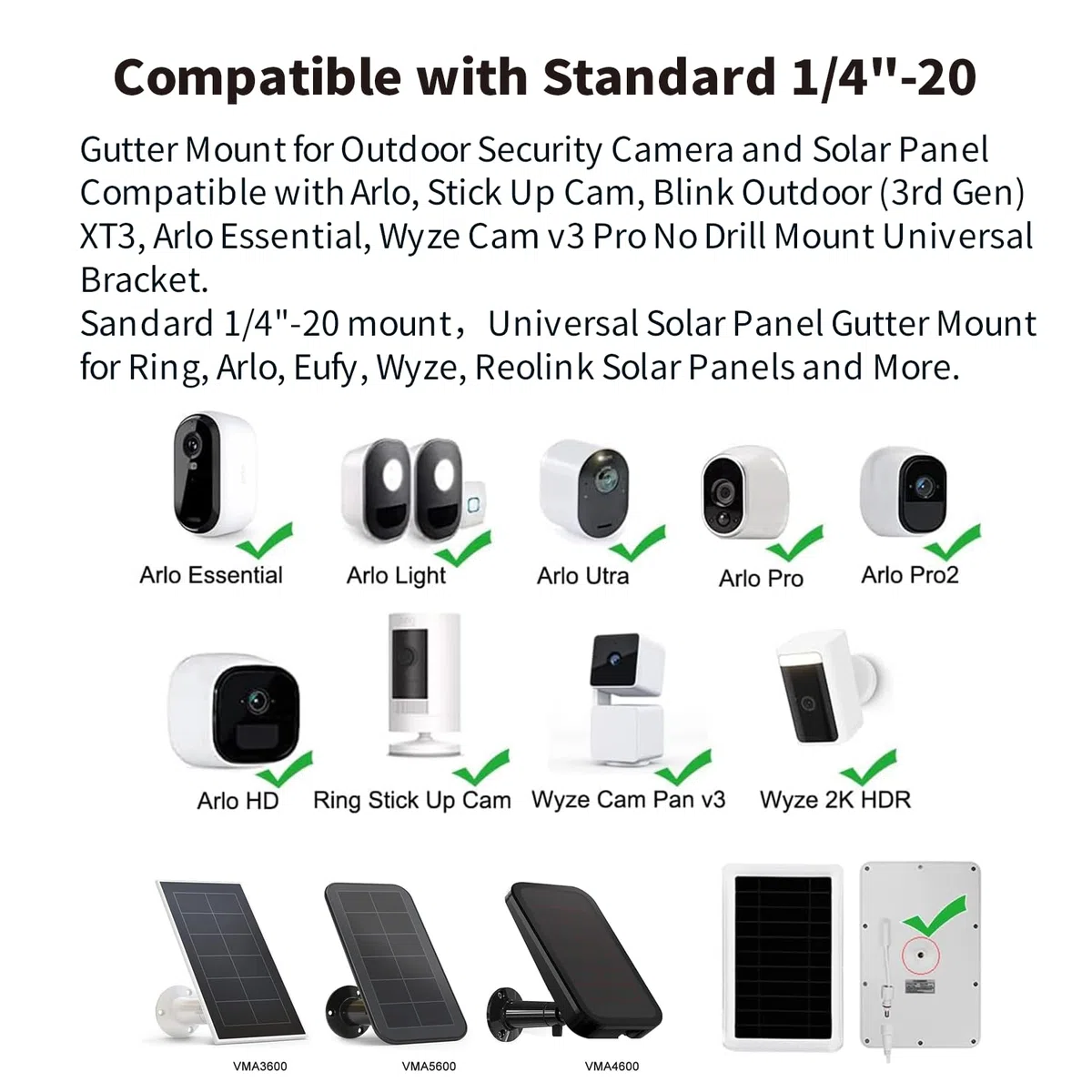 Dachrinnenhalterung für Eufy, Arlo Solarpanel, Verstellbare Edelstahl Halterung für Solar-Sicherheitskamera Solarmodul-Platzierung, Kompatibel mit 1/4 Schraube Kamera, Eufy, Arlo Solarpanel (1Stück)