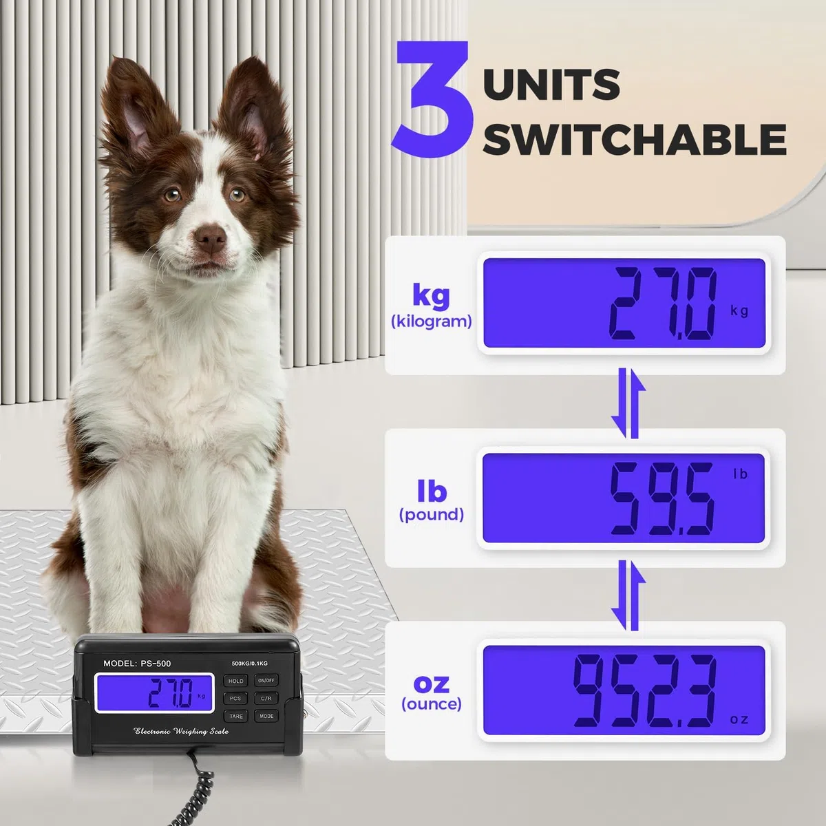 Bonvoisin 500kg/0.1kg Haustier-& Nutztierwaage, Tara-/Halte-/Zählfunktionen | Große rutschfeste Plattform 103x53cm, Fern-LCD-Display, Dual-Power & integrierte Aufbewahrung für Tierärzte und Landwirte
