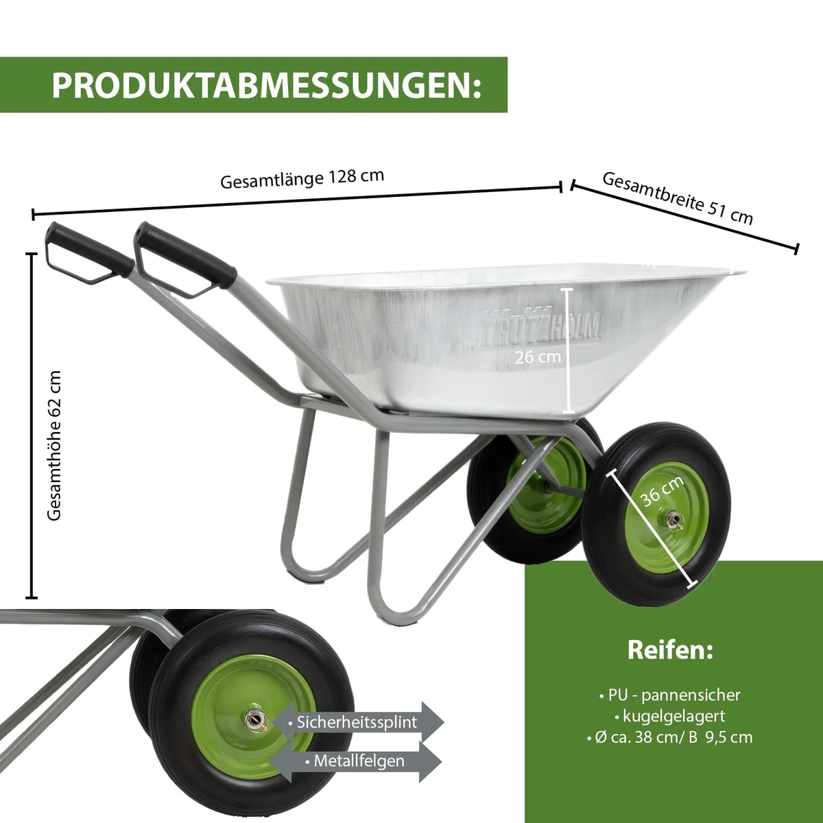 TRUTZHOLM 2-Rad Schubkarre 150L 150kg | stabile Gartenkarre Baukarre kippsicher | verzinkte Wanne | pannensichere PU-Räder | pulverbeschichteter Stahlrahmen | Sicherheitsgriffe | Zweirad