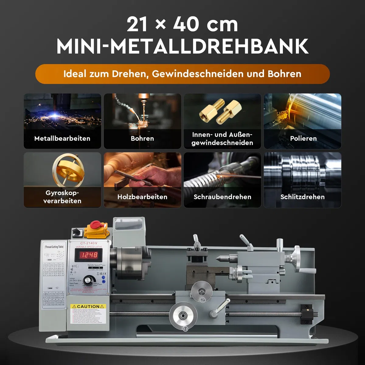 CREWORKS Drehmaschine 750W Metalldrehmaschine 8 x 16 Zoll Tischdrehmaschine 210 x 400MM Drehbank Metall 2500 RPM Mini Drehmaschine für Metallbearbeitung Metal Lathe (8 x 16 Zoll)