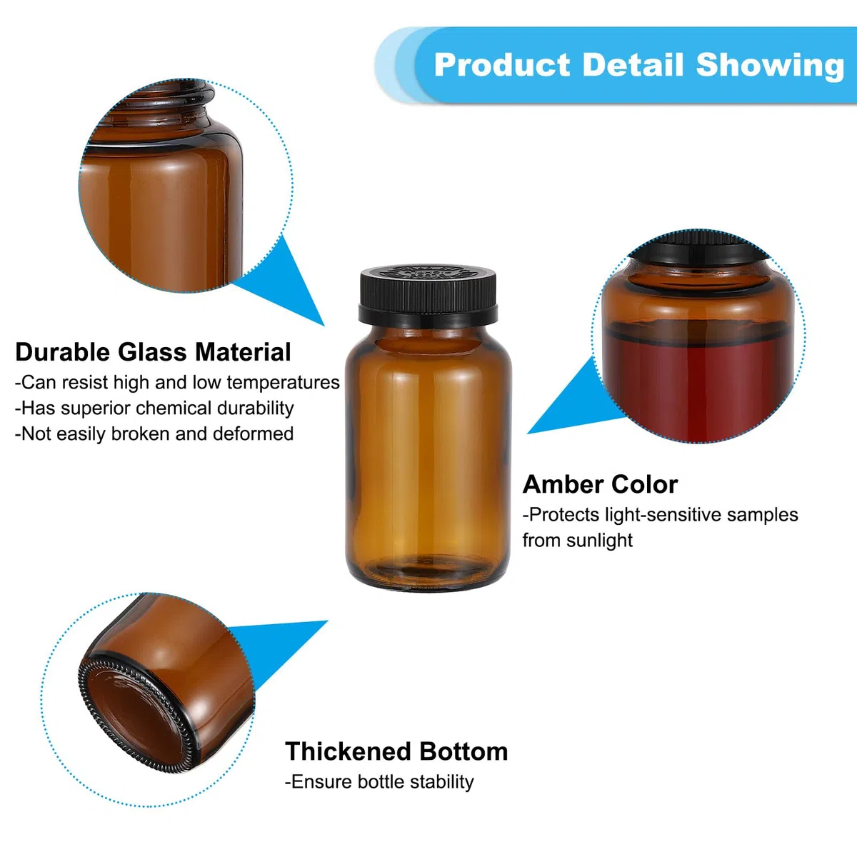 PATIKIL 6.8oz/200ml Glas Packer Flaschen 24Stk Runde Weithalsflaschen Mit Schwarzem Rippendeckel Für Reagenzien Flüssigkeiten Ätherische Öle Parfüm Bernstein