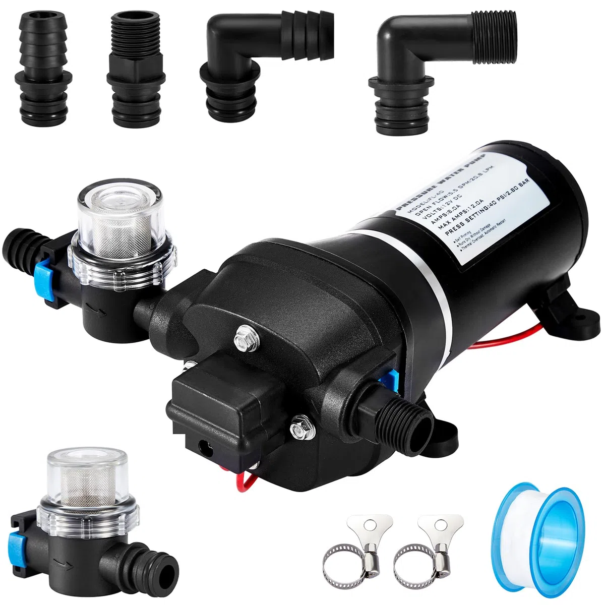 Membran Wasserpumpe 12V, Wasserpumpe Wohnmobil Druckwasserpumpe | Diaphragm Pump DC 20,8 LPM mit Maschenfilter, Arbeitsdruck 40 PSI, Leistung 180W Strom 12A, Wasser Pumpe für Camping RV, Boot