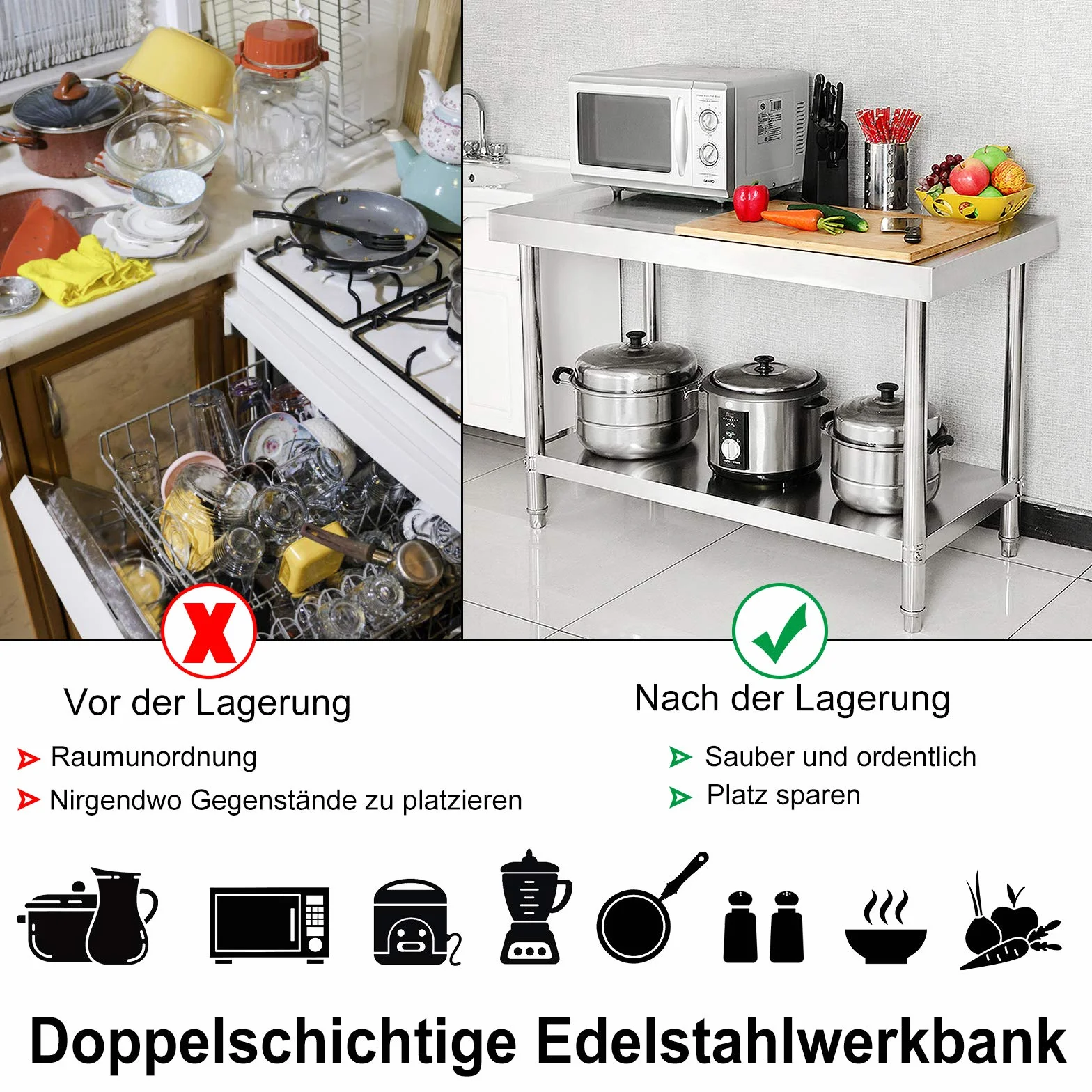 Edelstahltisch Edelstahl Arbeitstisch mit Verstellbare Füße Gastro Tisch Zubereitungstisch Zerlegetisch Küchenmöbel für Restaurant Bar, Silber(mit Aufkantung, 120x60x85cm)