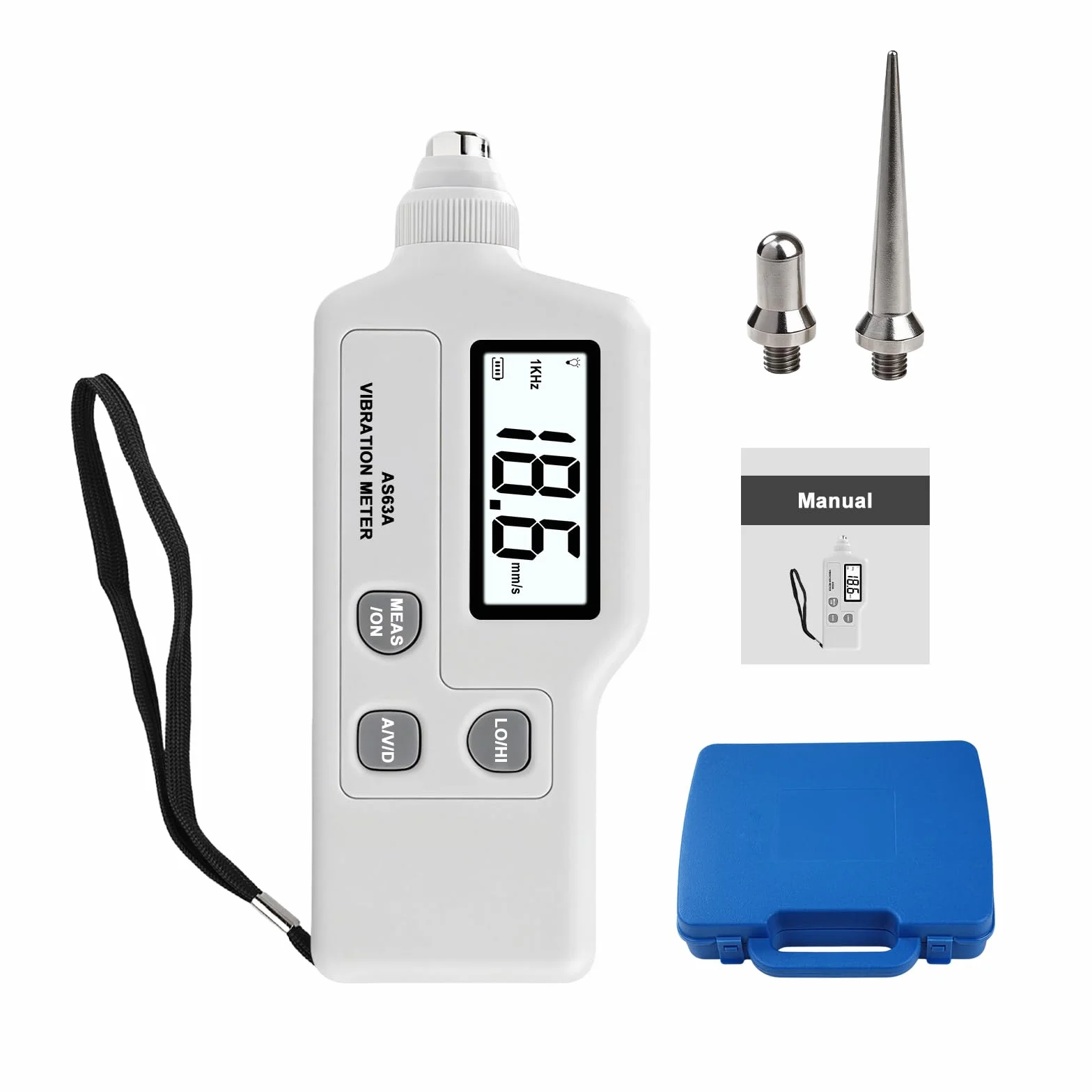 AS63A Digitales Schwingungsmessgerät, Schwingungsanalysator mit LCD-Display Messung von Beschleunigung Geschwindigkeit und Verschiebung Vibrationsmessgerät mit Hochpräzise Sonde
