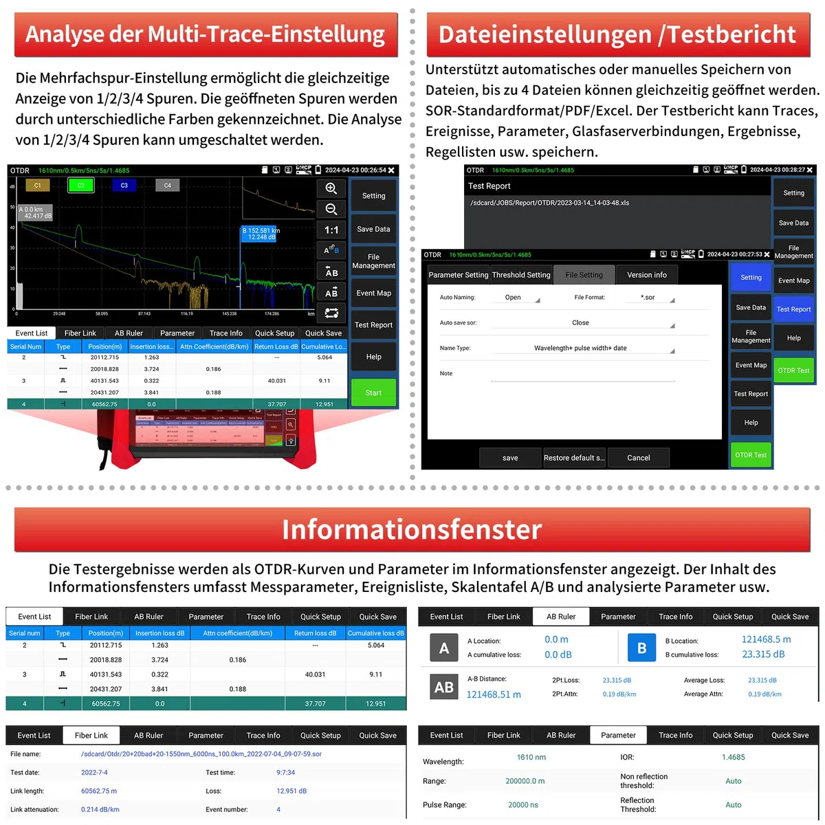 Henkion OTDR-Glasfasermessgerät 8 Zoll IPS-Touchscreen, 1610 nm 32 dB Live Testing, Multifunktionaler Netzwerktester mit Expert Event Map, LS, OPM, VFL, OLS, WiFi und RJ45 Kabeltest Network Tools