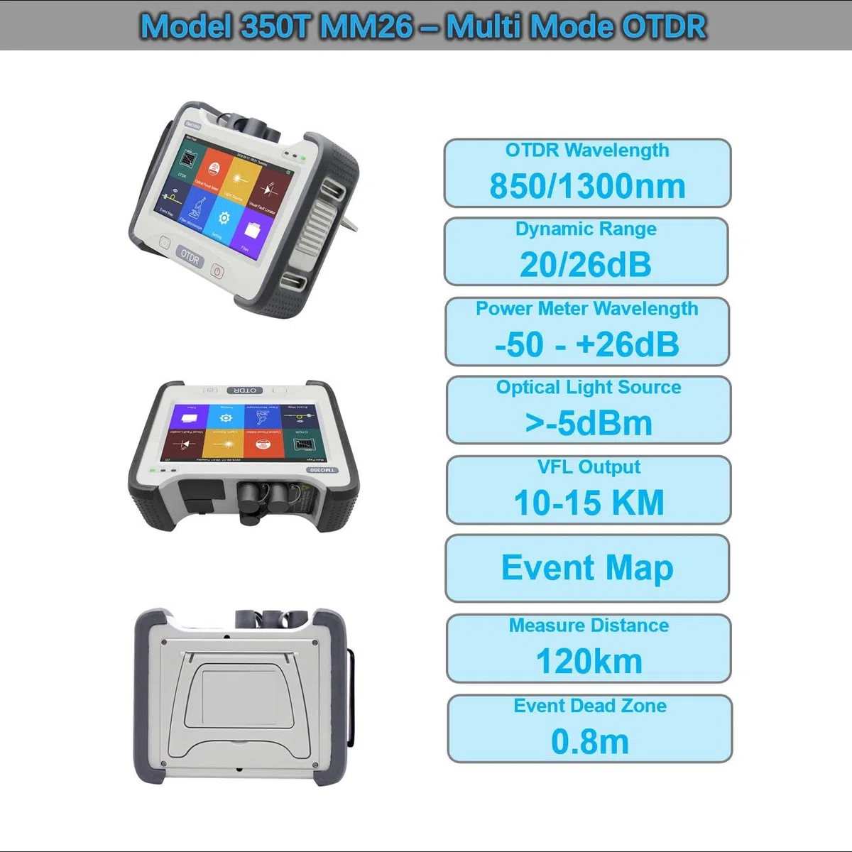 OTDR messgerät MM 850/1300nm 20/26dB, Multifunktions LWL OTDR Multimode+OPM+VFL+OLS+Event Map mit SC FC ST LC Adaptern