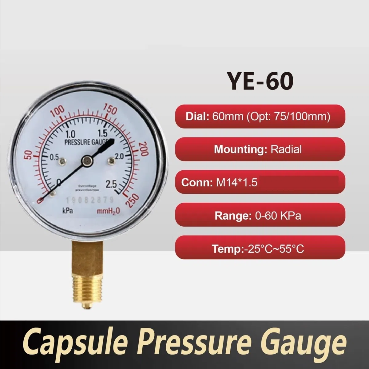 Digitales Manometer, YE-60 Membran-Manometer, Mikro-Niederdruckmanometer, Radialmontage, G1/4-Gewinde(0-6kpa)