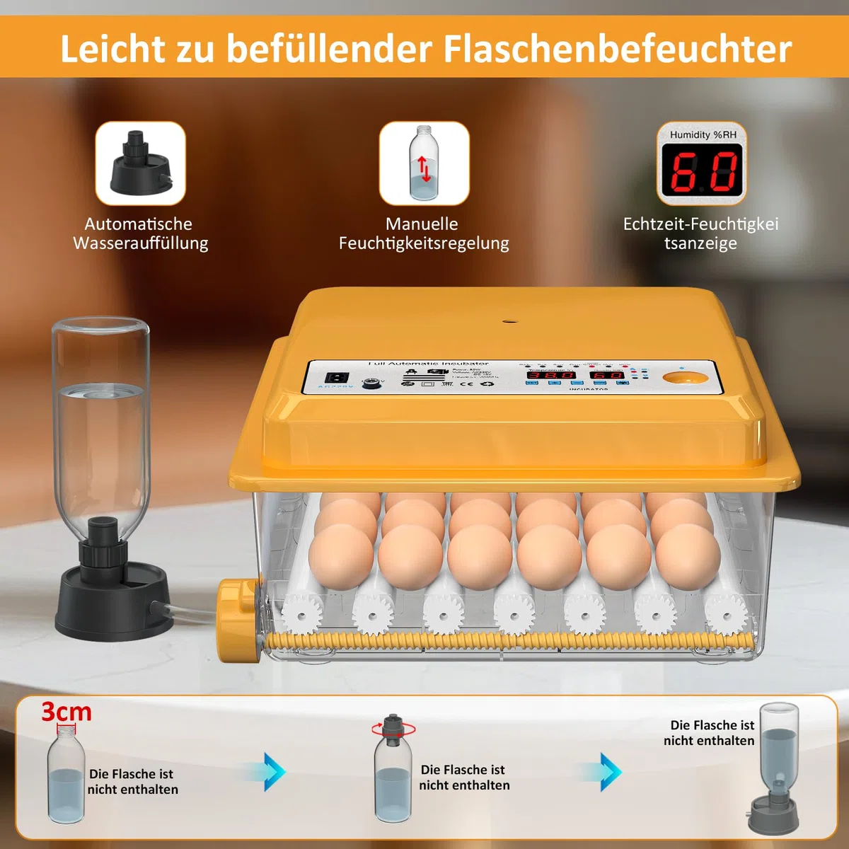 Brutautomat Vollautomatisch 36 Eier mit Temperaturregelung, Brutmaschine mit 5 automatischen Brutmodi, Inkubator Feuchtigkeitsanzeige, Brutkasten automatischer Wasserauffüllung und Eierwende
