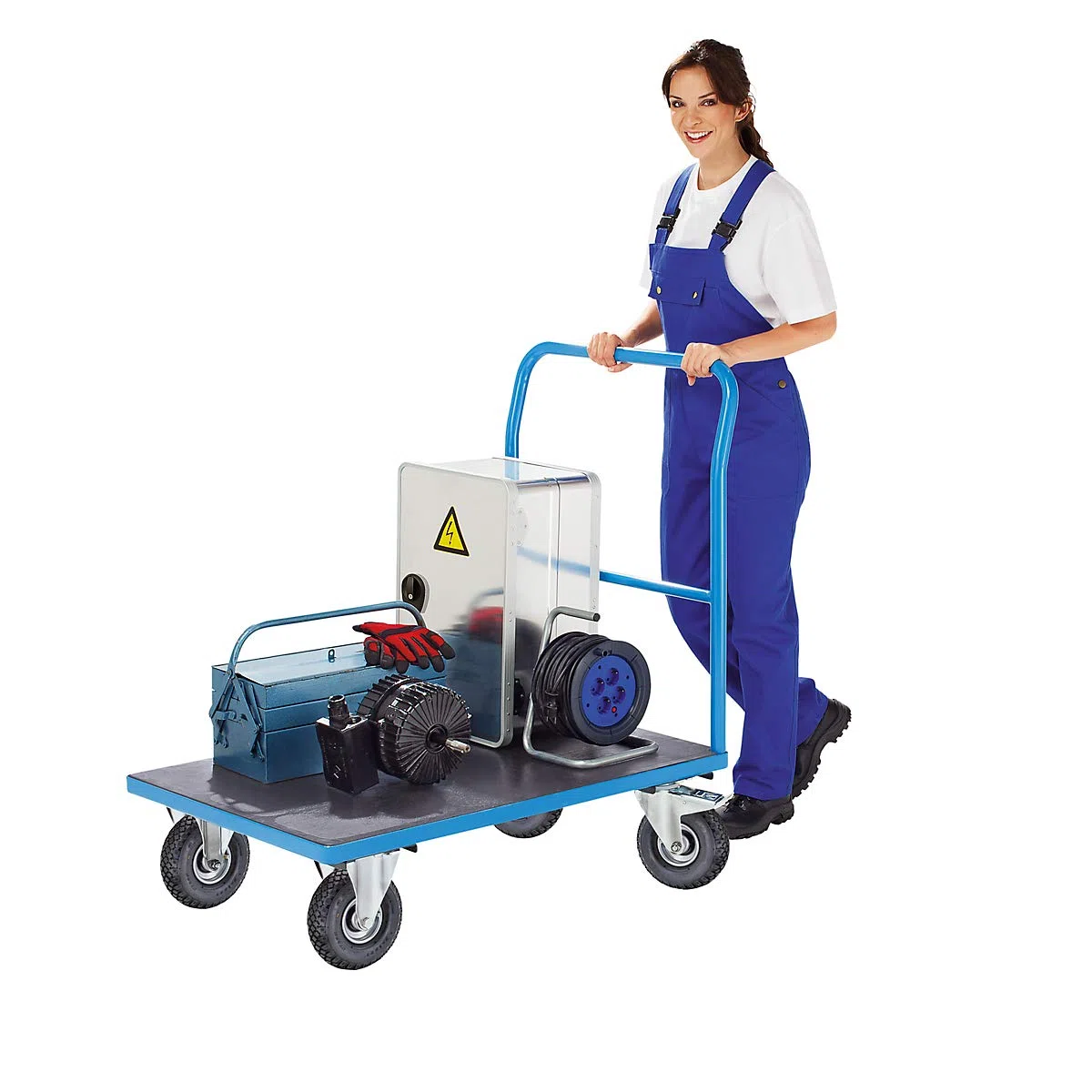 eurokraft pro | Plattformwagen | Rohrschiebebügel, Luftreifen, LxB 1250 x 800 mm, lichtblau