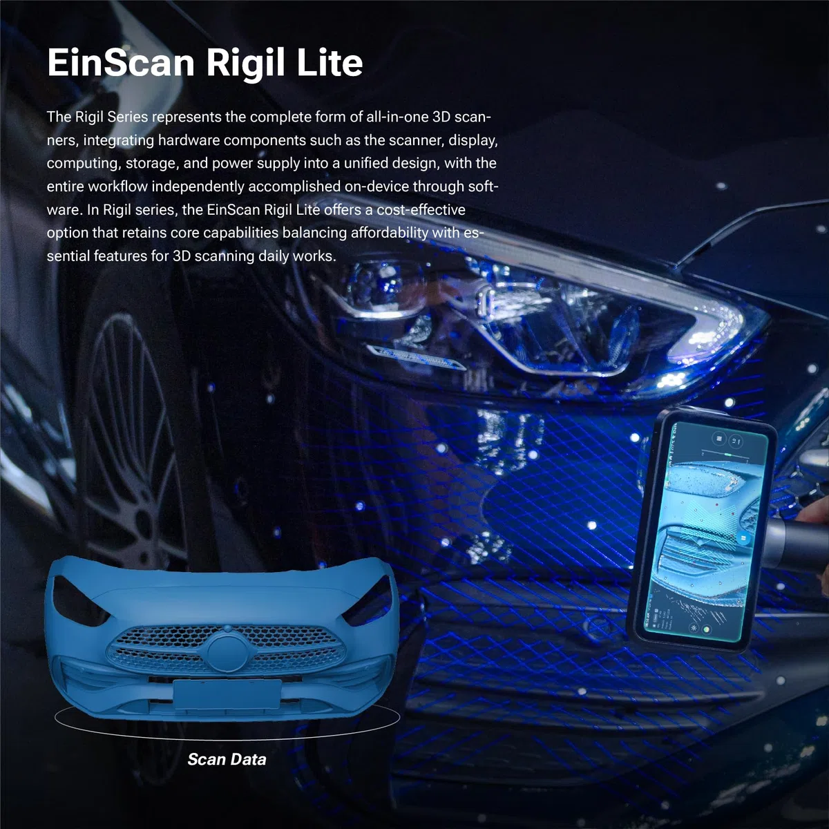 EinScan Rigil Lite 3D Scanner, 34+7 Blau-Laser & Infrarot Standalone Scanner mit 6,4" 2K AMOLED-Touchscreen, Kabellos & PC Modi für Automotive & Reverse Engineering, 24GB RAM+512GB SSD