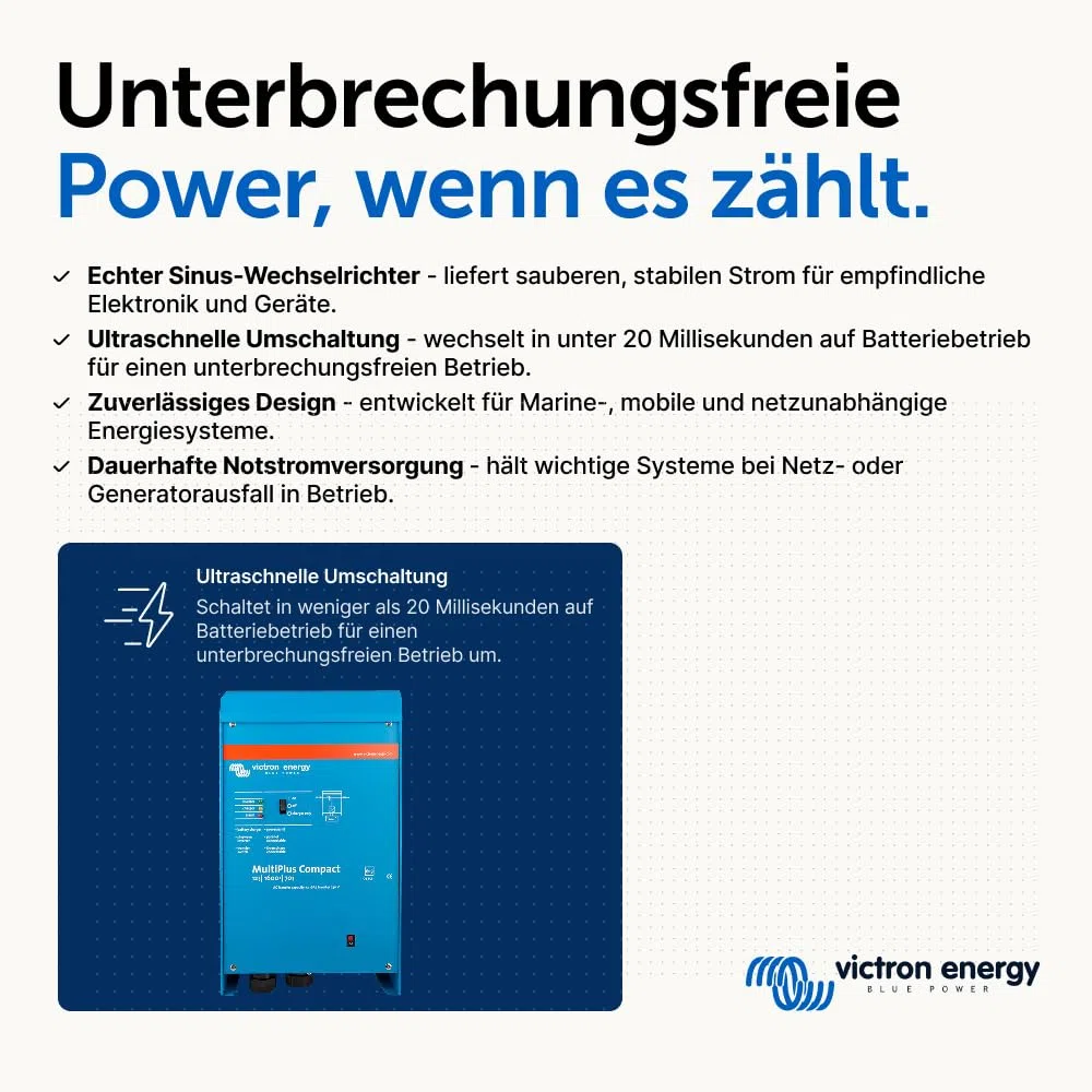 Victron Energy MultiPlus Compact 12/1600/70-16 Wechselrichter-Ladegerät – 1600VA Ausgang, 70A Batterieladung, 230V VE.Bus, Effizientes Design für Solar- und Mobilanwendungen
