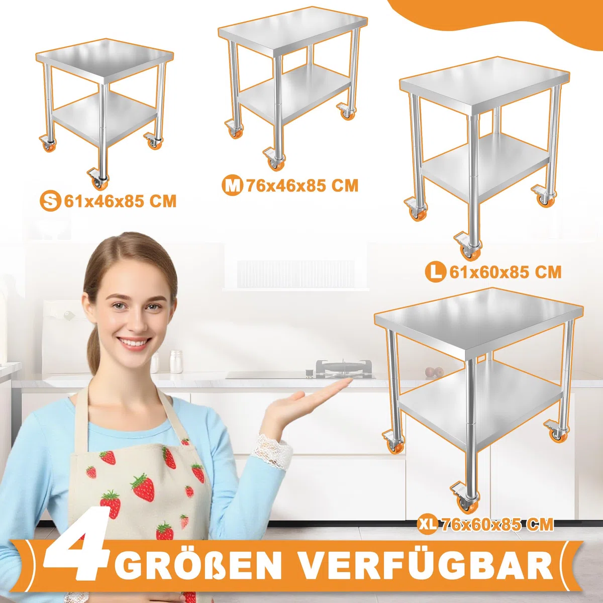 YUENFONG Edelstahltisch Arbeitstisch 61x60x85cm Mobile Küchentisch Servierwagen Catering-Arbeitsplatz mit Rollen und Speicherschicht für Küche, Restaurant, Hotel, Outdoor-Aktivitäten, Silber
