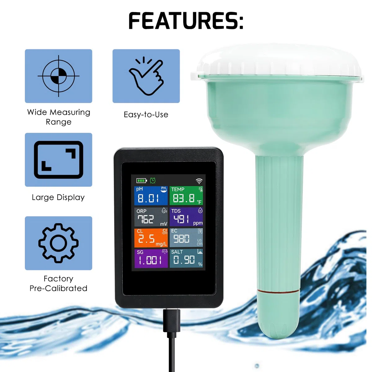 Intelligenter 8-in-1 Wasserqualitätstester mit WLAN, überwacht pH, ORP, Chlor, Salzgehalt, TDS, EC, spezifisches Gewicht und Temperatur per Tuya-App für Pools, Spas, Whirlpools und Aquarien.