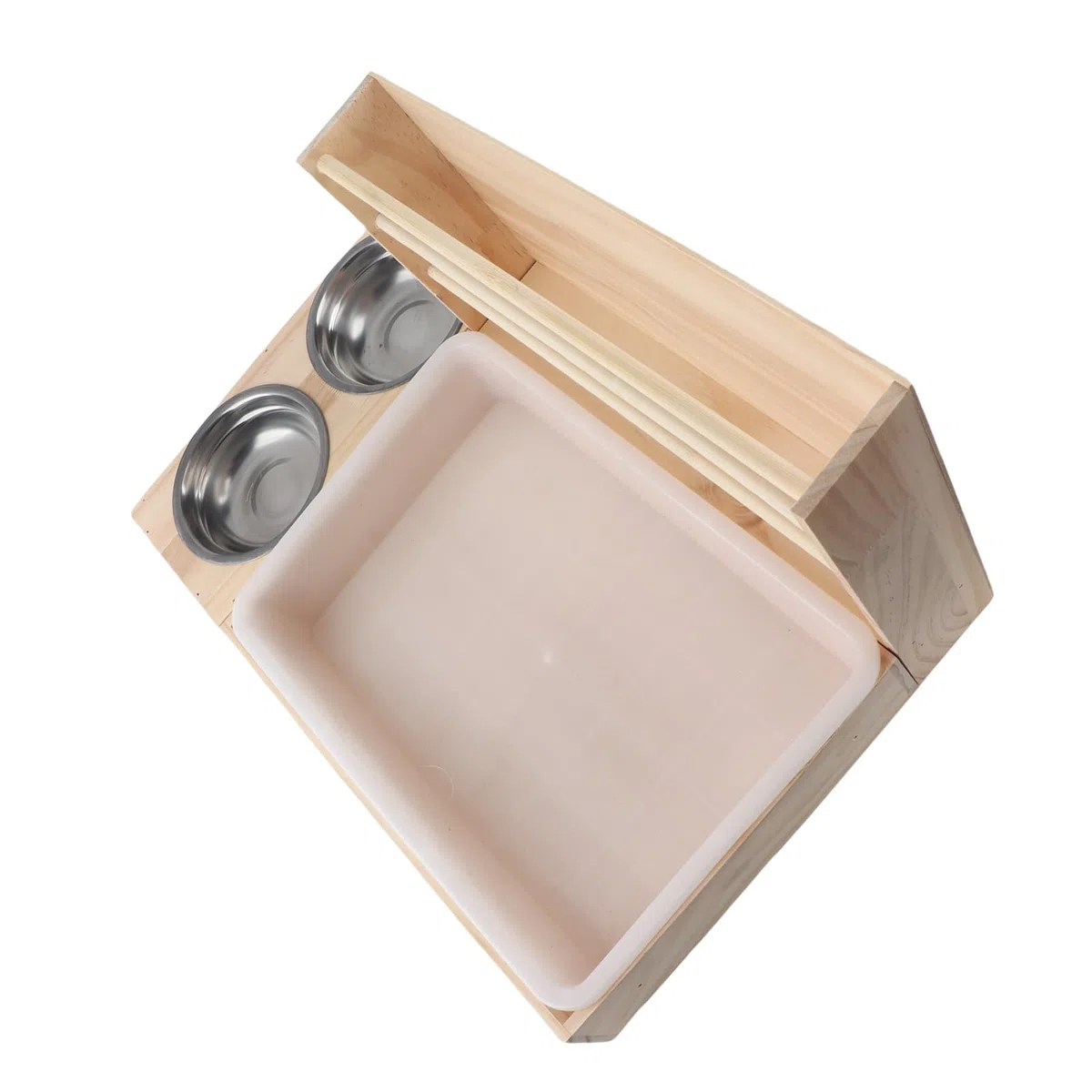 Cocoarm Kaninchen Heuraufe, 3 in 1 Futterspender aus Holz mit Großer | Katzentoilette aus Massivholz und Kunststoff, Edelstahlnäpfe, Kippsicher